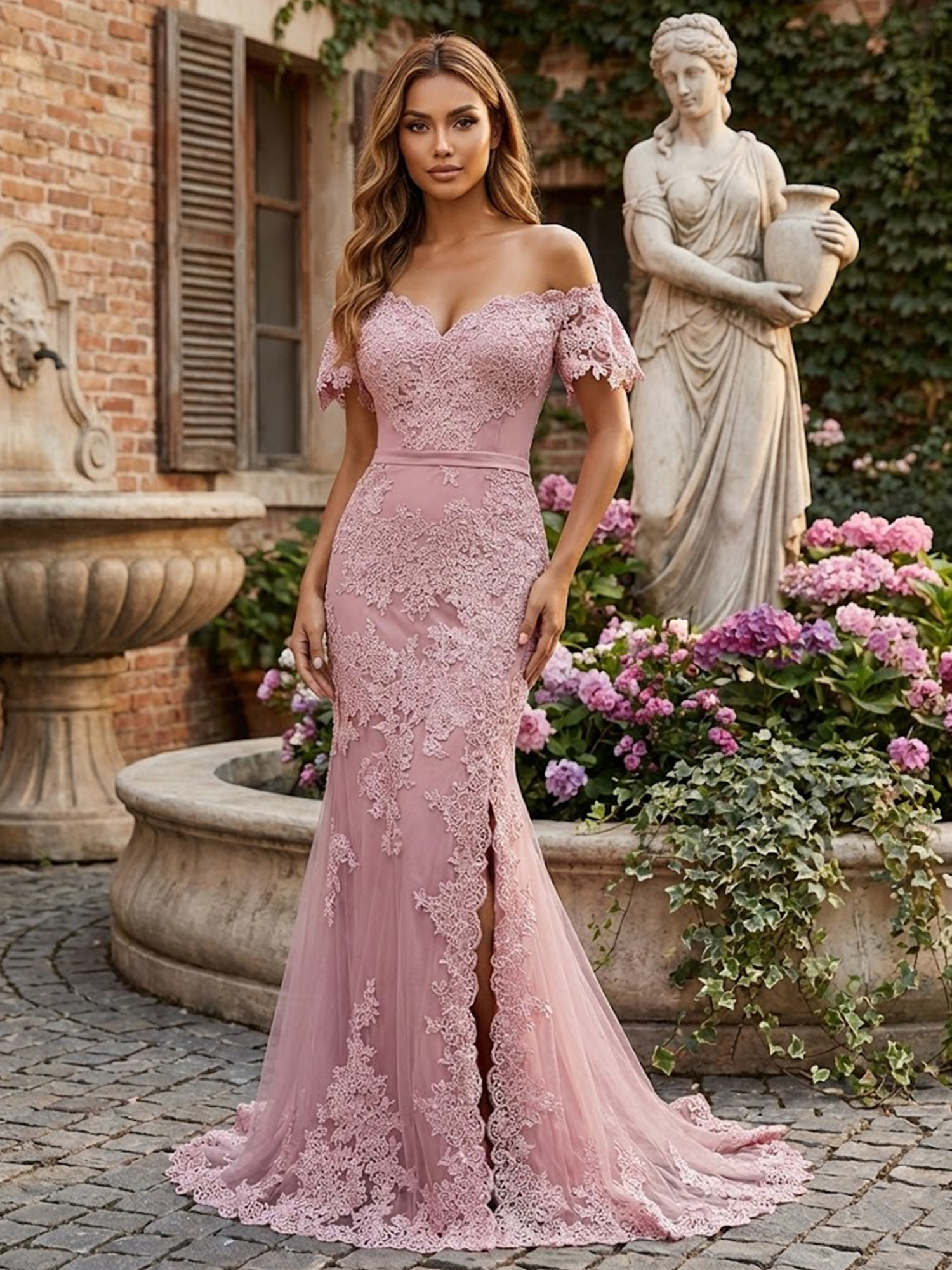 Off the Shoulder Lace Applique Prom Dresses for Women Slit Formal Dress