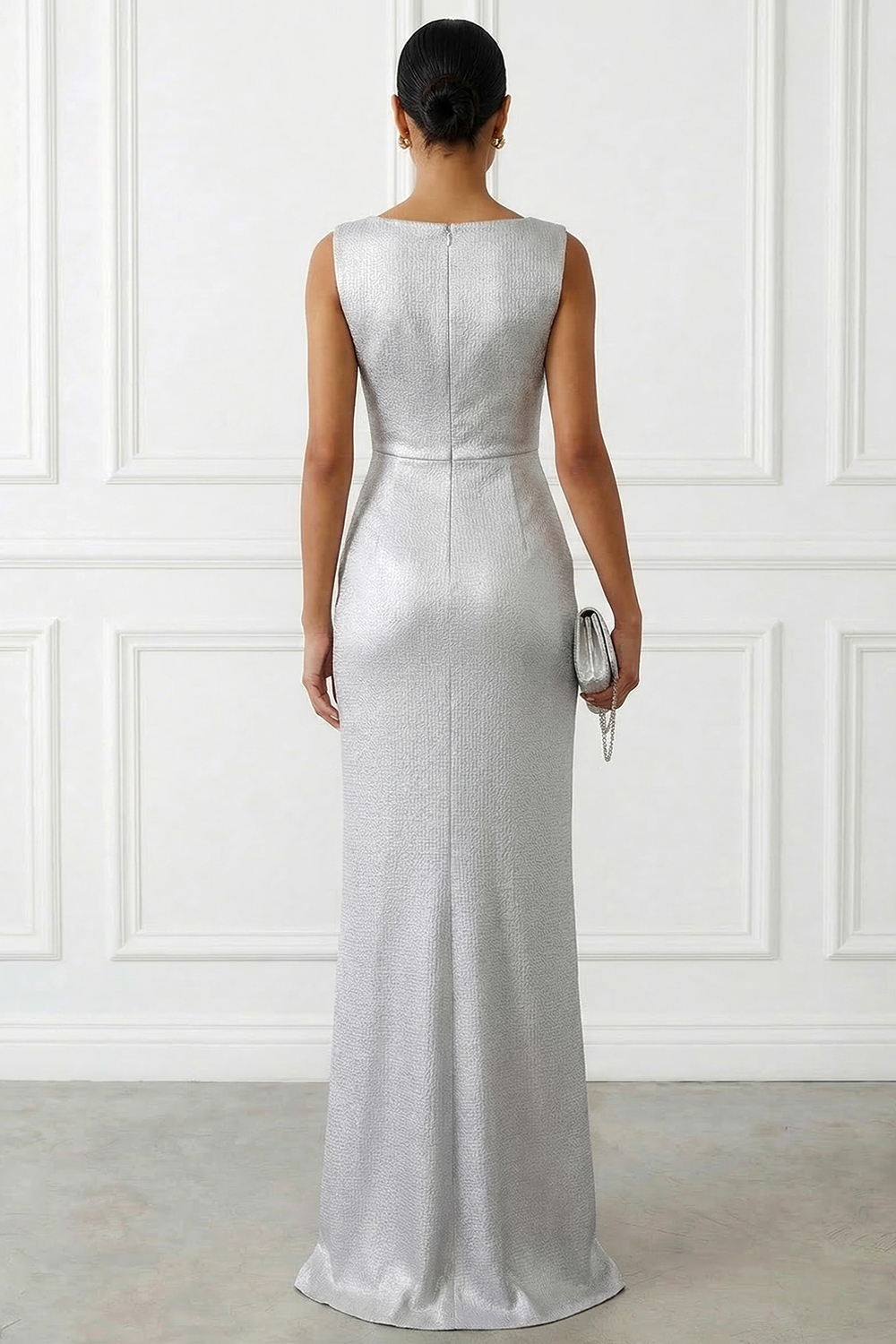 Silver Ruched Pleated Satin Boat Neck Sleeveless Sheath Gown Dress