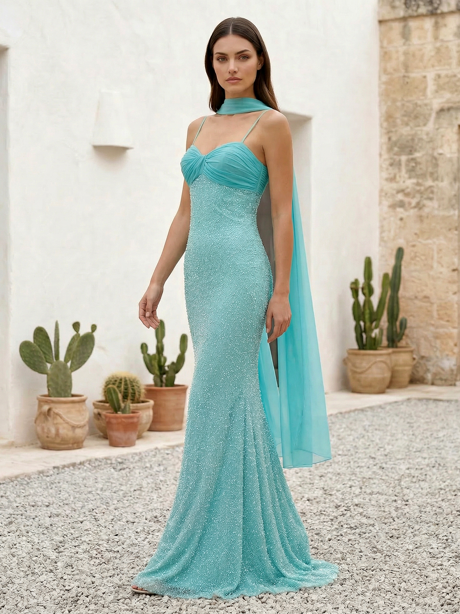 Mint Green Sparky Sequins Spaghetti Straps Mermaid Prom Gown with Scarf