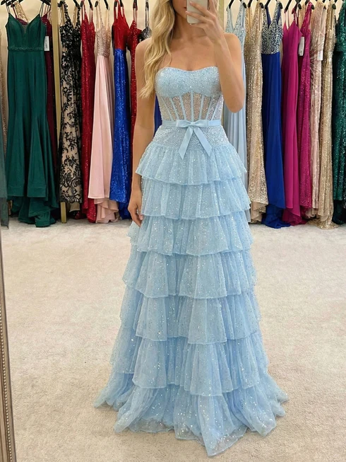 Light Blue Strapless Tiered Sparky Sequins Prom Gowns with Bow