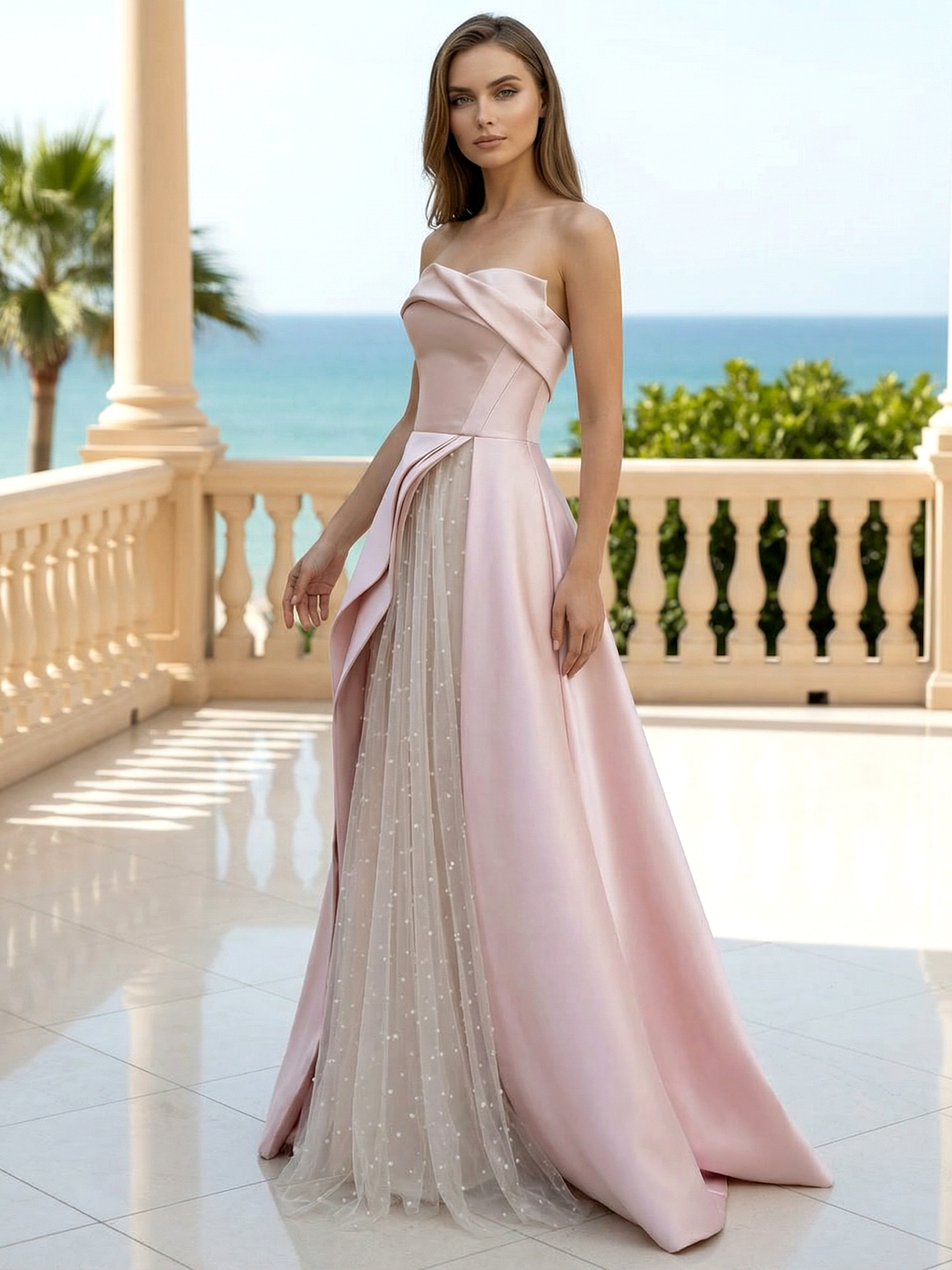 Pink Strapless A Line Satin Ruffle Prom Dress with Beads