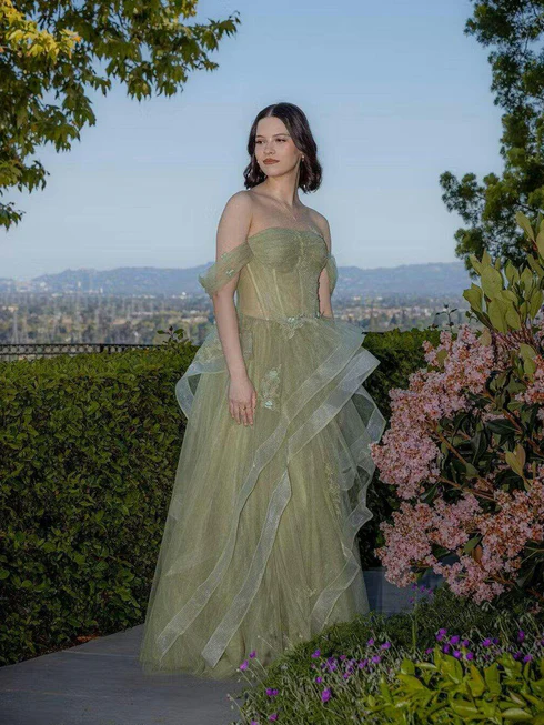 Sage Flowy Off the Shoulder Tulle Princess Prom Dress 