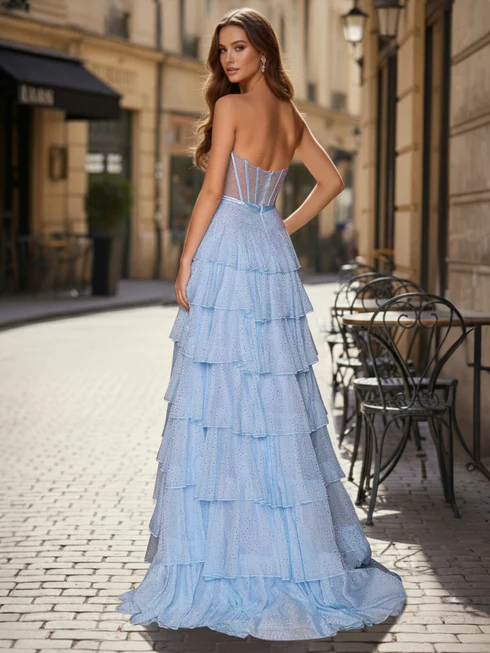 Light Blue Strapless Tiered Sparky Sequins Prom Gowns with Bow