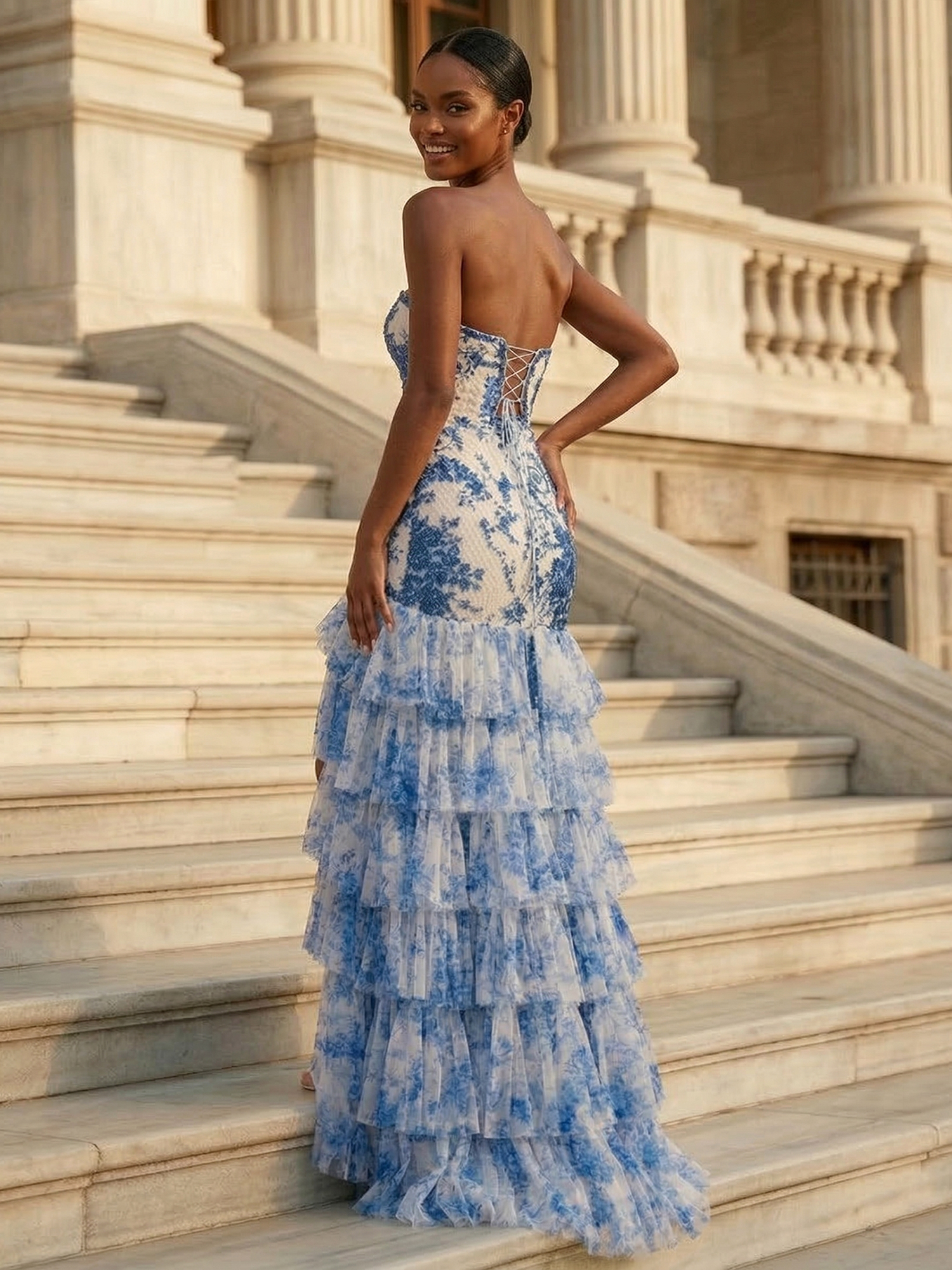 Blue Mermaid 3D Print Flower Chiffon Prom Gowns with Slit