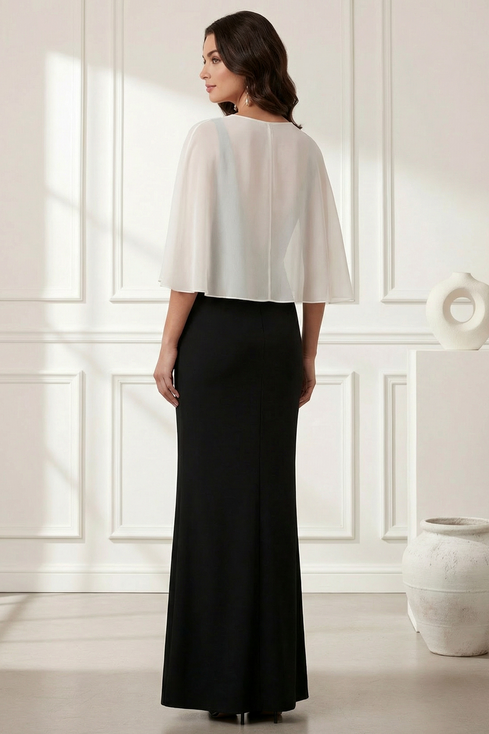 Black Mermaid Evening Gown with Sheer White Chiffon Capelet and Bow Accent