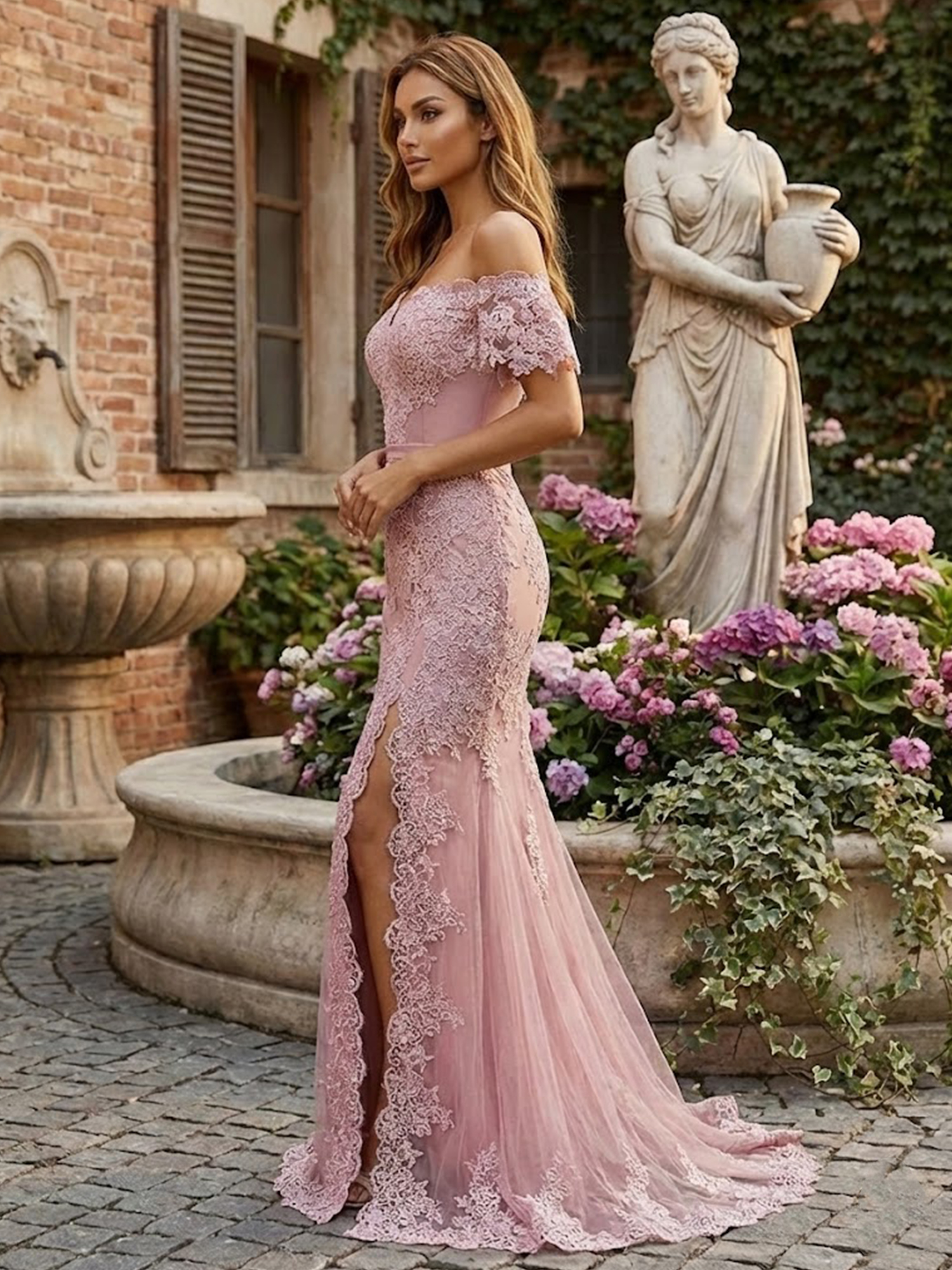 Off the Shoulder Lace Applique Prom Dresses for Women Slit Formal Dress