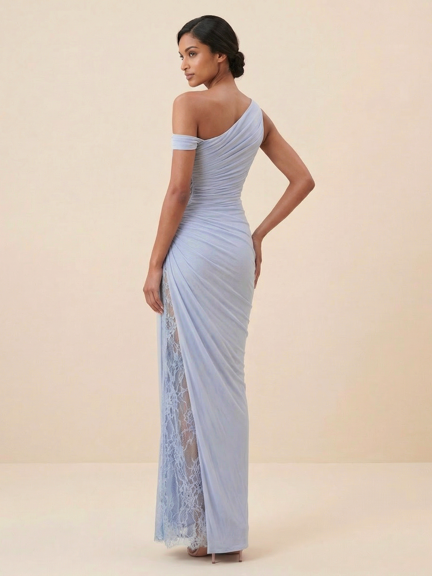 Dusty Blue One-Shoulder Ruched Mesh Gown with Lace Slit