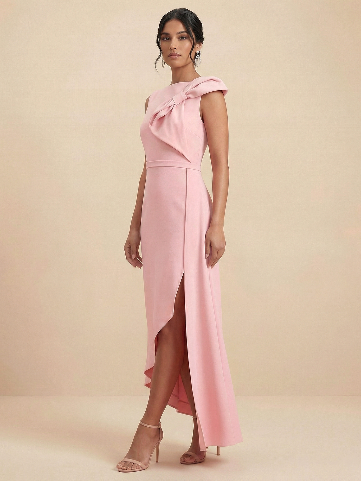 Blush Pink Bow Detail Asymmetrical Hem Midi Dress