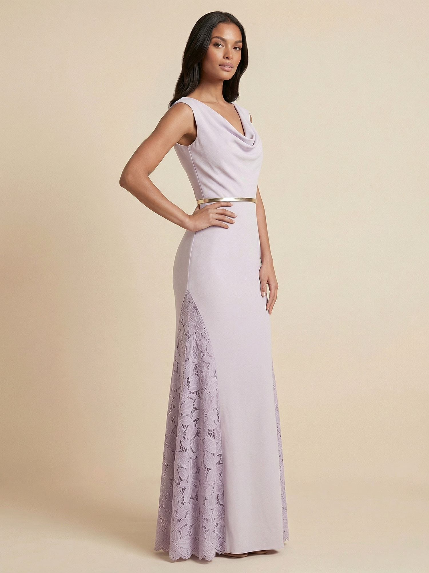 Lavender Cowl Neck Mermaid Gown with Lace Side Panels