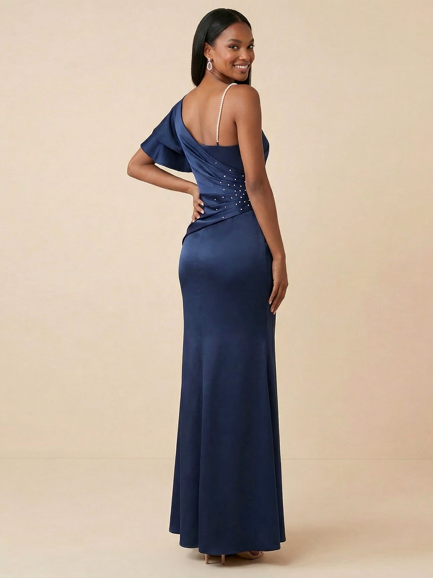 Navy One-Shoulder Satin Mermaid Gown with Pearl Strap & Beaded Waist