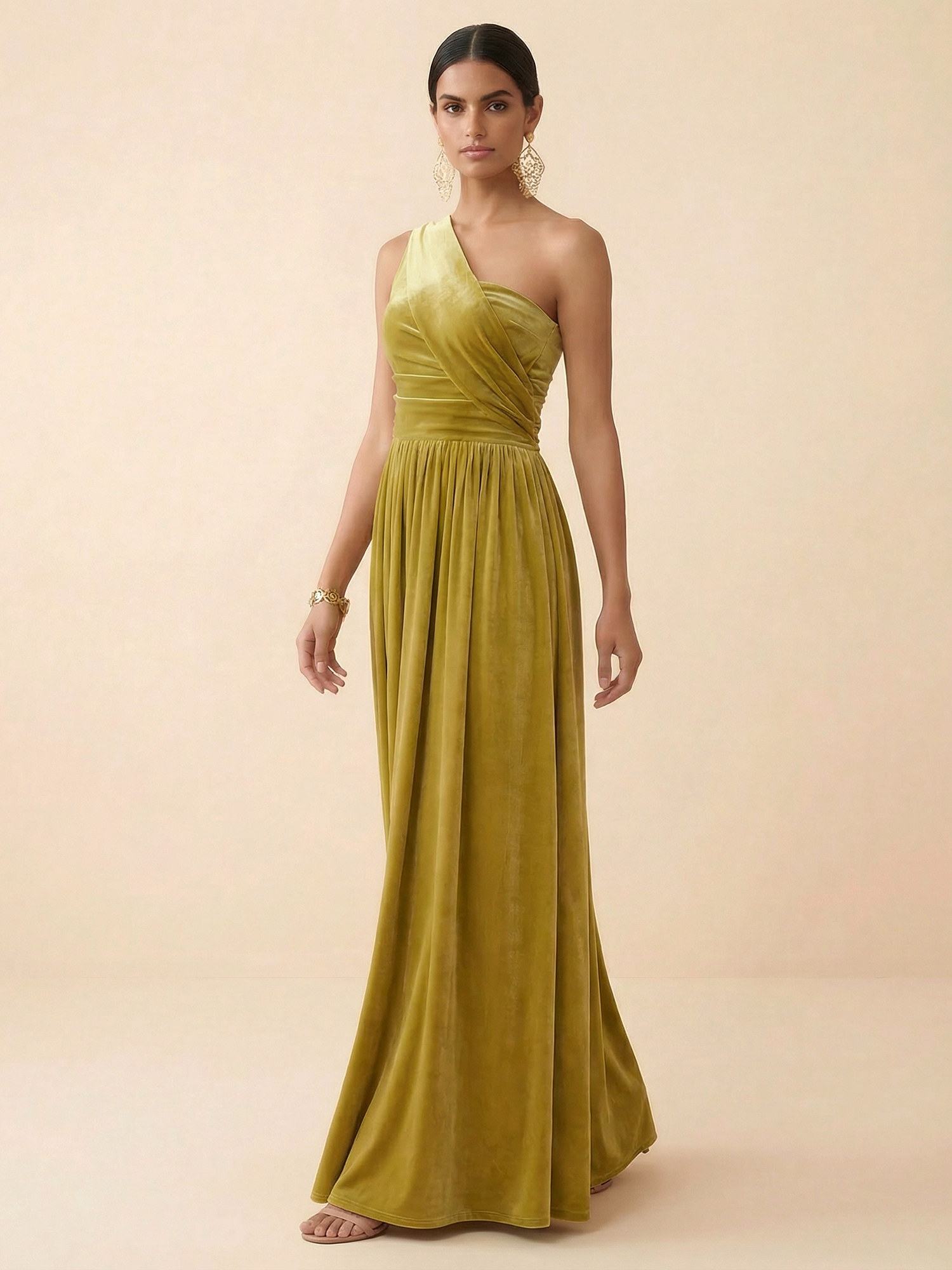 Chartreuse Velvet One-Shoulder A-Line Maxi Gown