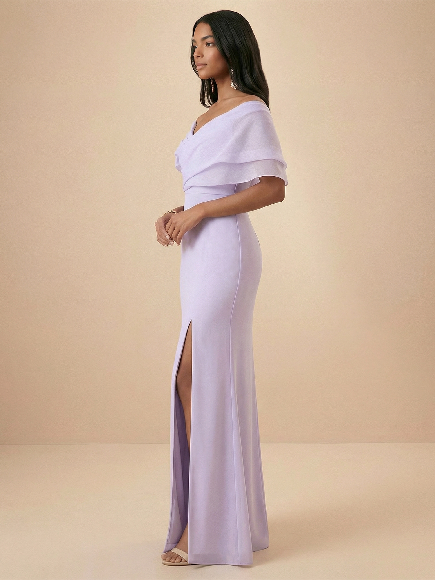 Lavender Off-the-Shoulder Sheath Gown with Chiffon Overlay & High Slit