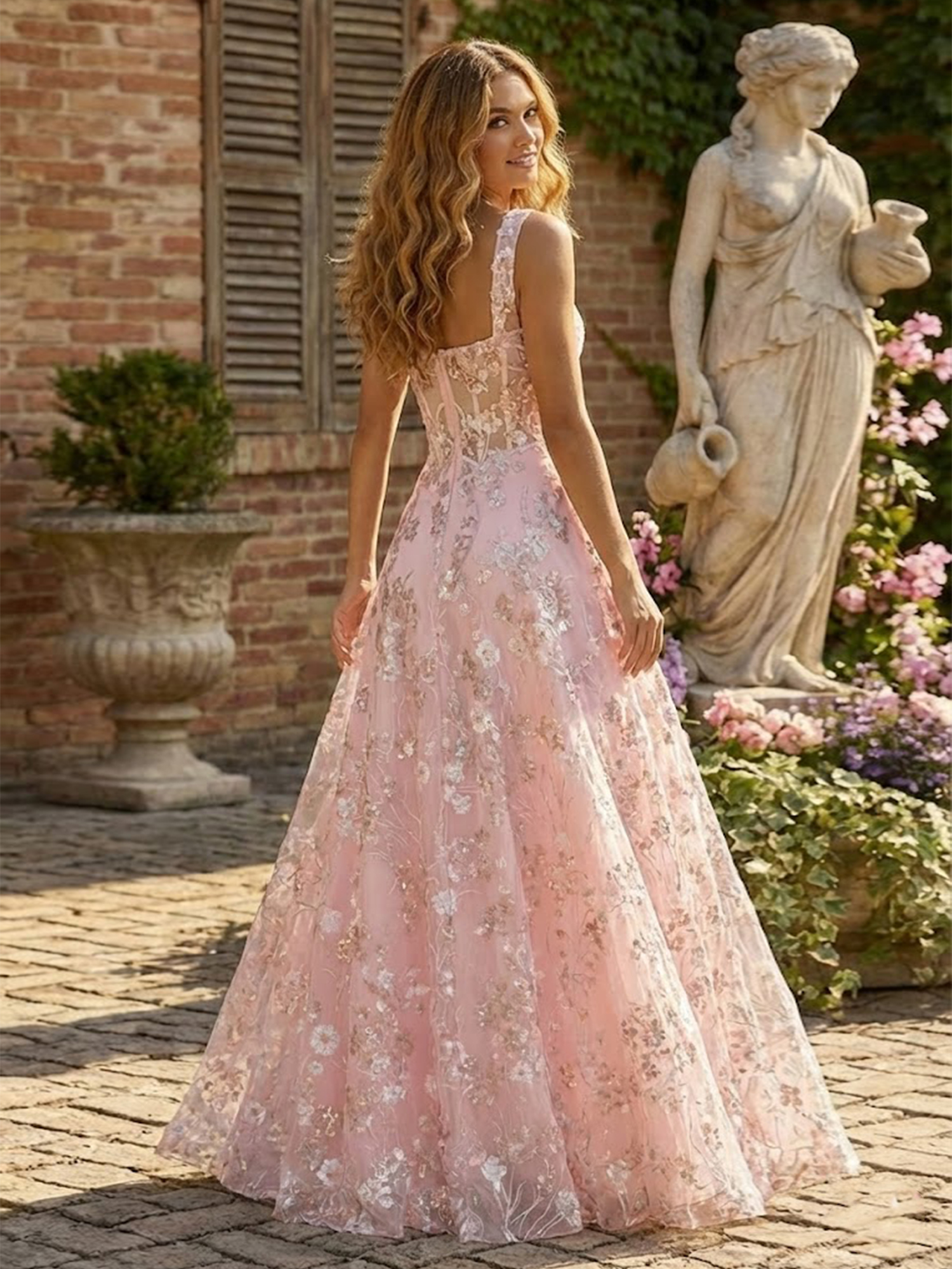 3D Flower Prom Dresses A Line Regular Straps Spring Wedding Guest Dresses