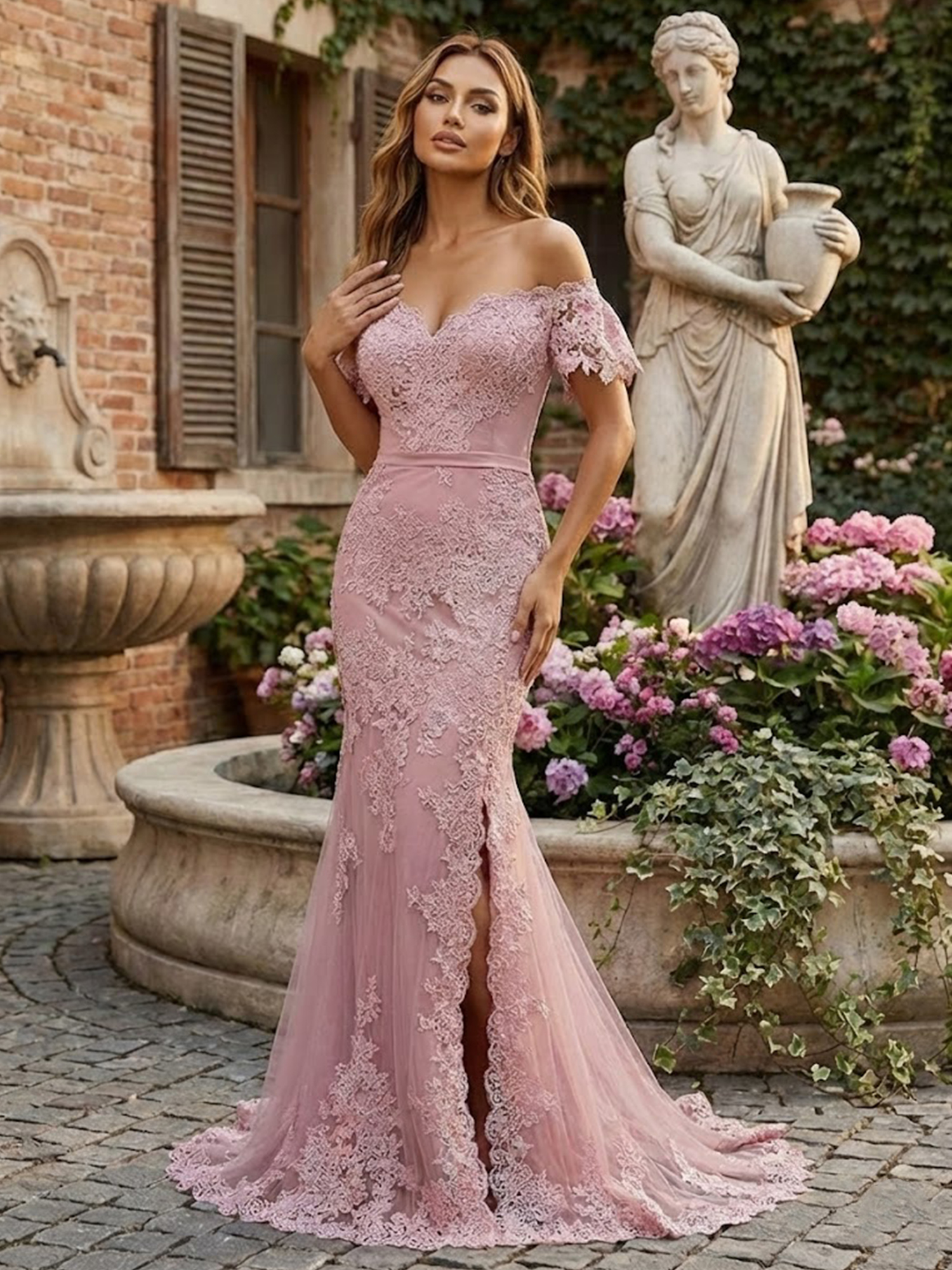 Off the Shoulder Lace Applique Prom Dresses for Women Slit Formal Dress