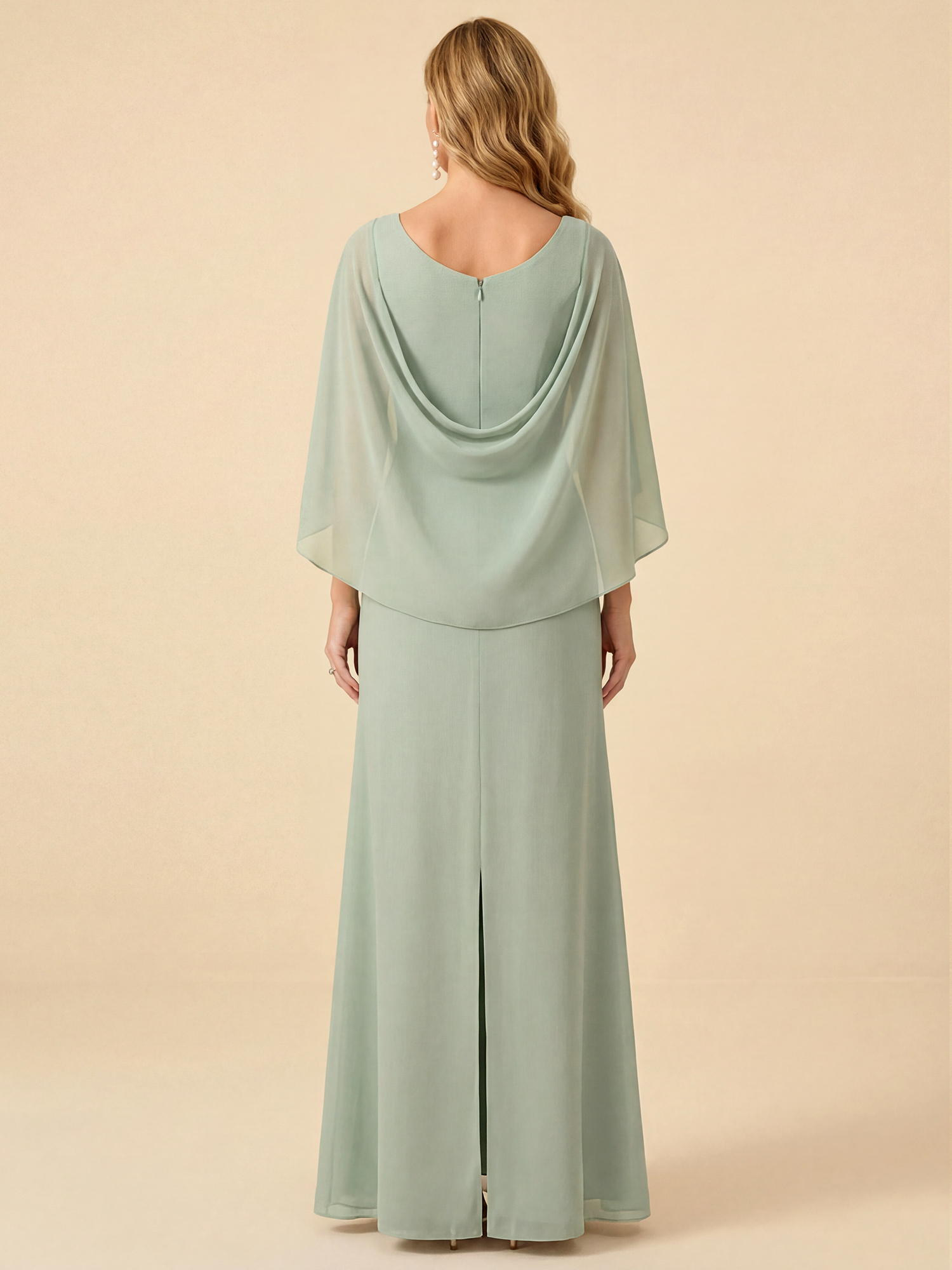 Sage Green Chiffon Cape Sleeve Mother of the Bride Gown