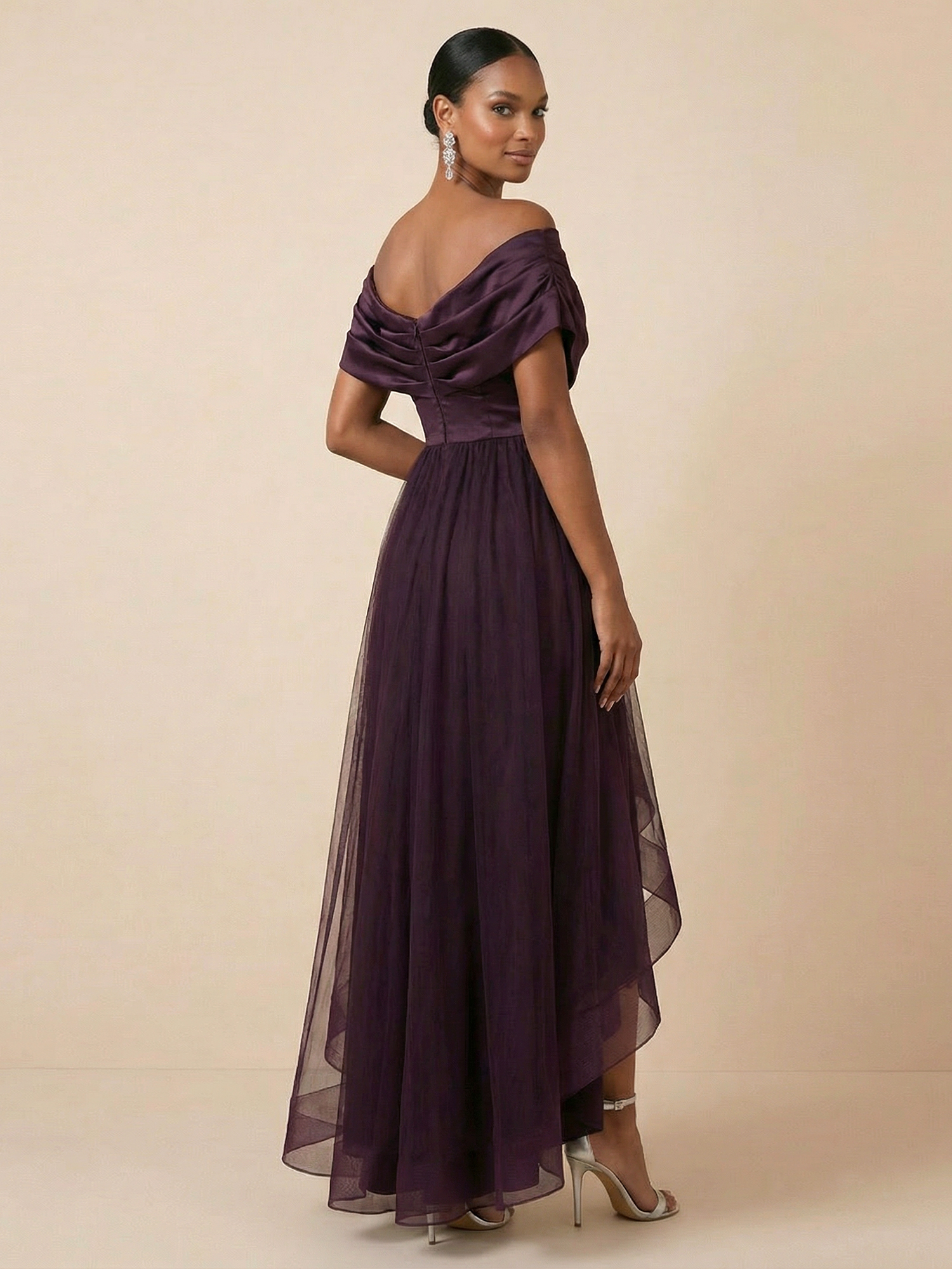 Plum Off-the-Shoulder Satin & Tulle High-Low A-Line Gown