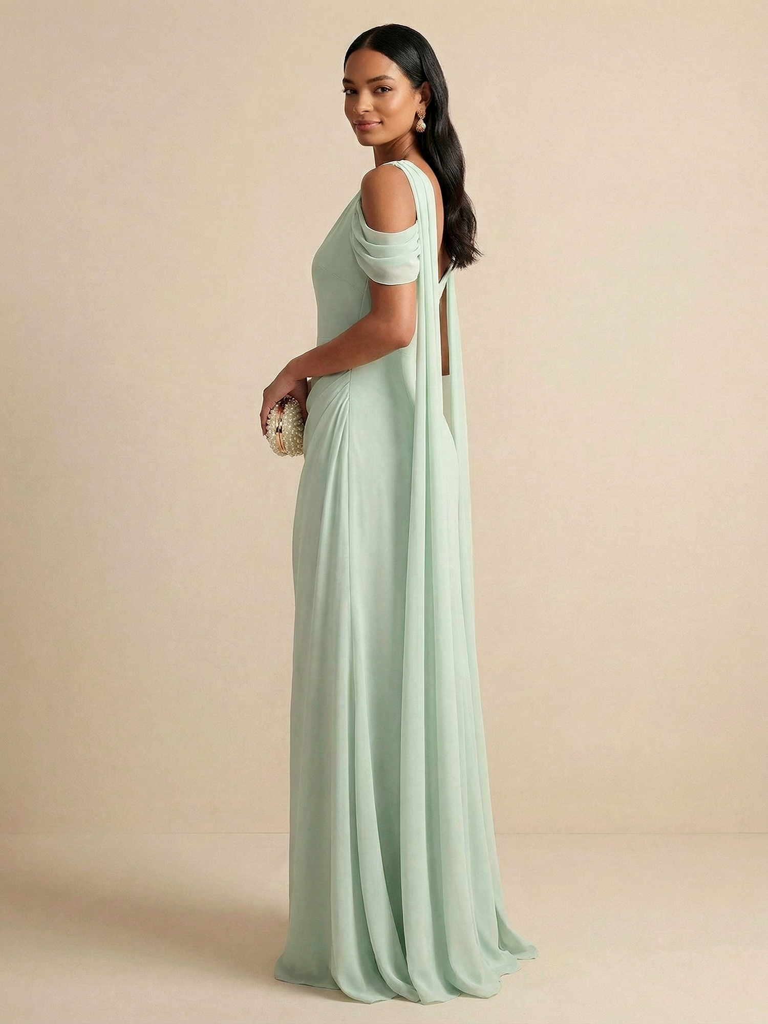Sage Green Asymmetrical Cape Sleeve Chiffon Sheath Gown