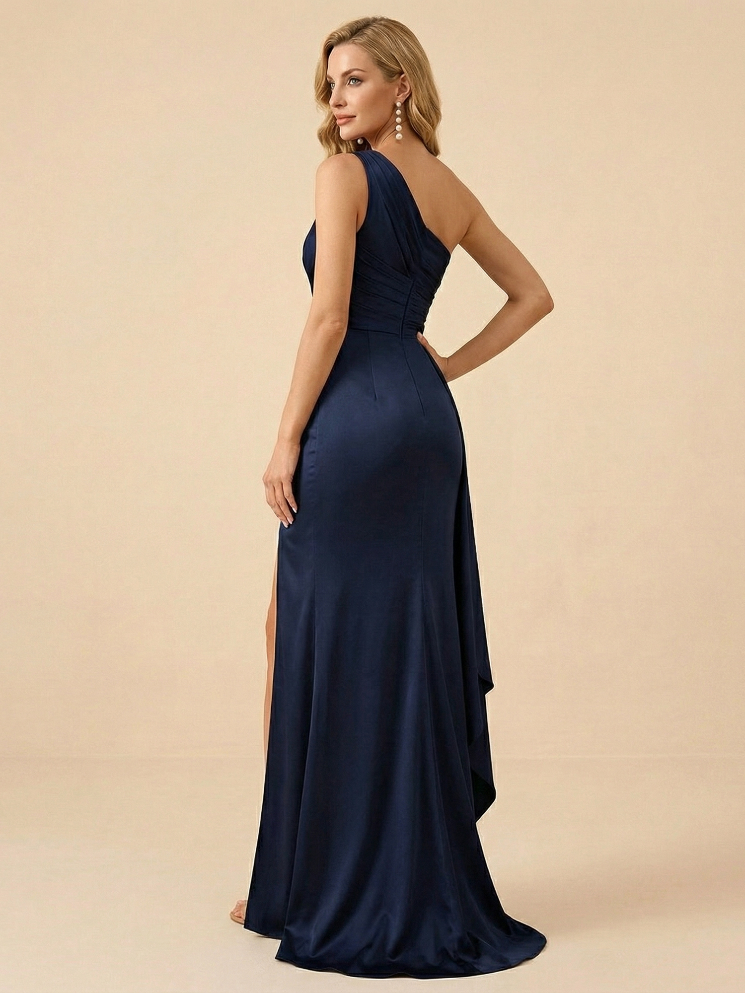 Navy Blue Satin One-Shoulder Mermaid Gown with Ruffle Slit