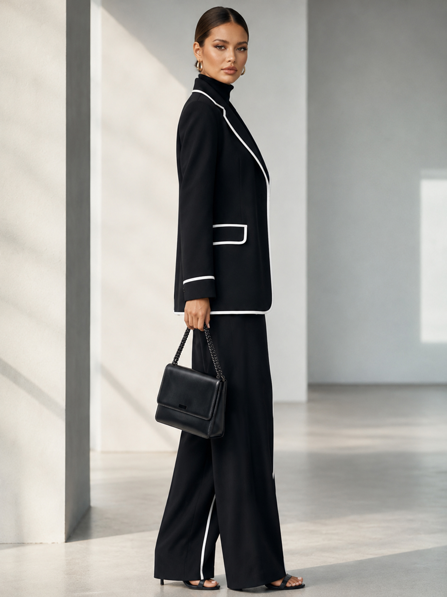 Black Slim‑fit Blazer And Wide‑leg Pants 2‑Piece Suit