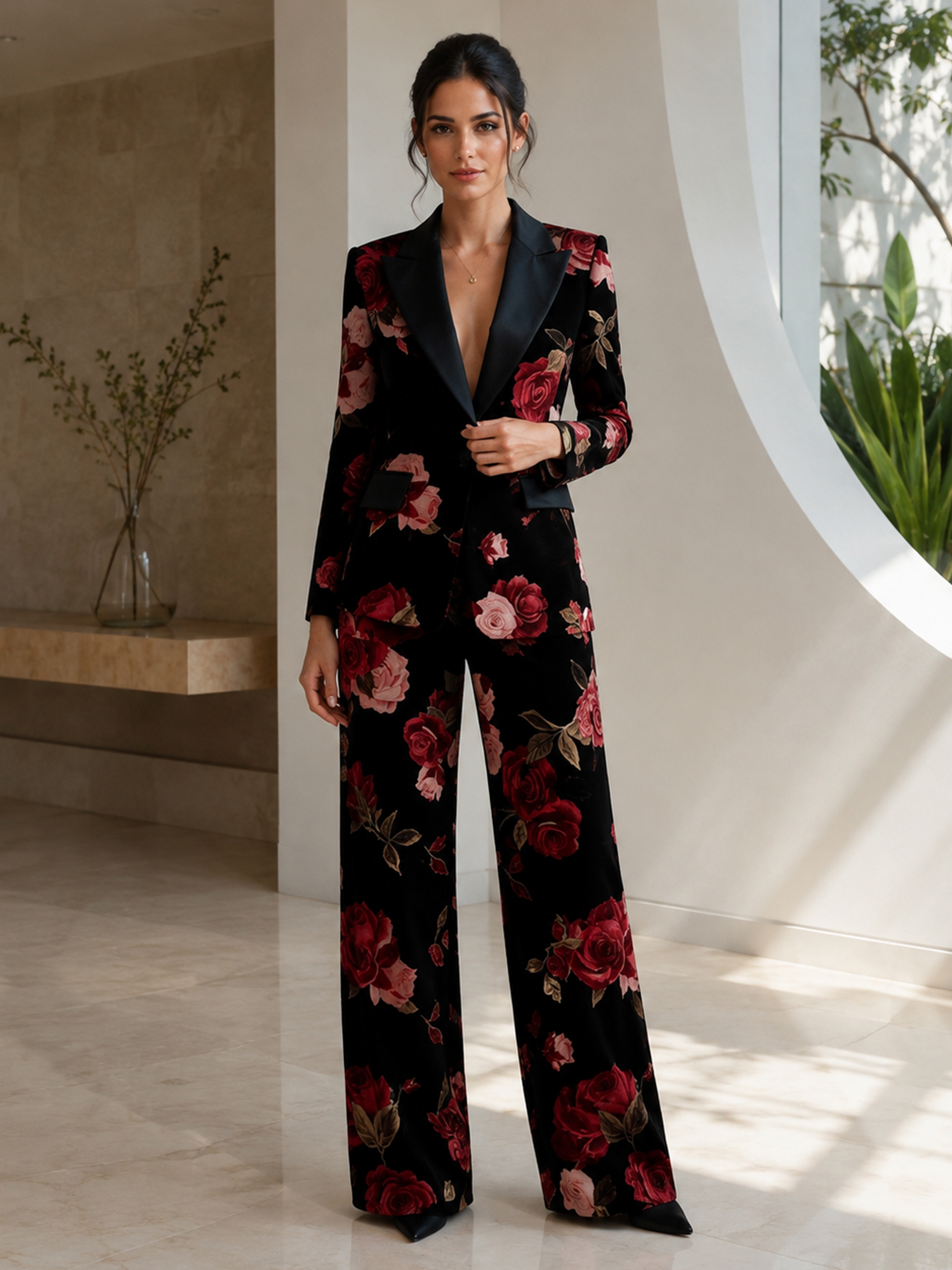 Black Velvet Rose‑print Blazer And Wide‑leg Pants 2‑Piece Suit