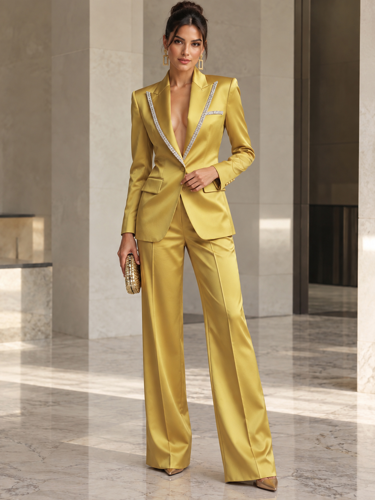 Gold Satin Rhinestone‑Trim Blazer And Wide‑leg Pants 2‑Piece Suit