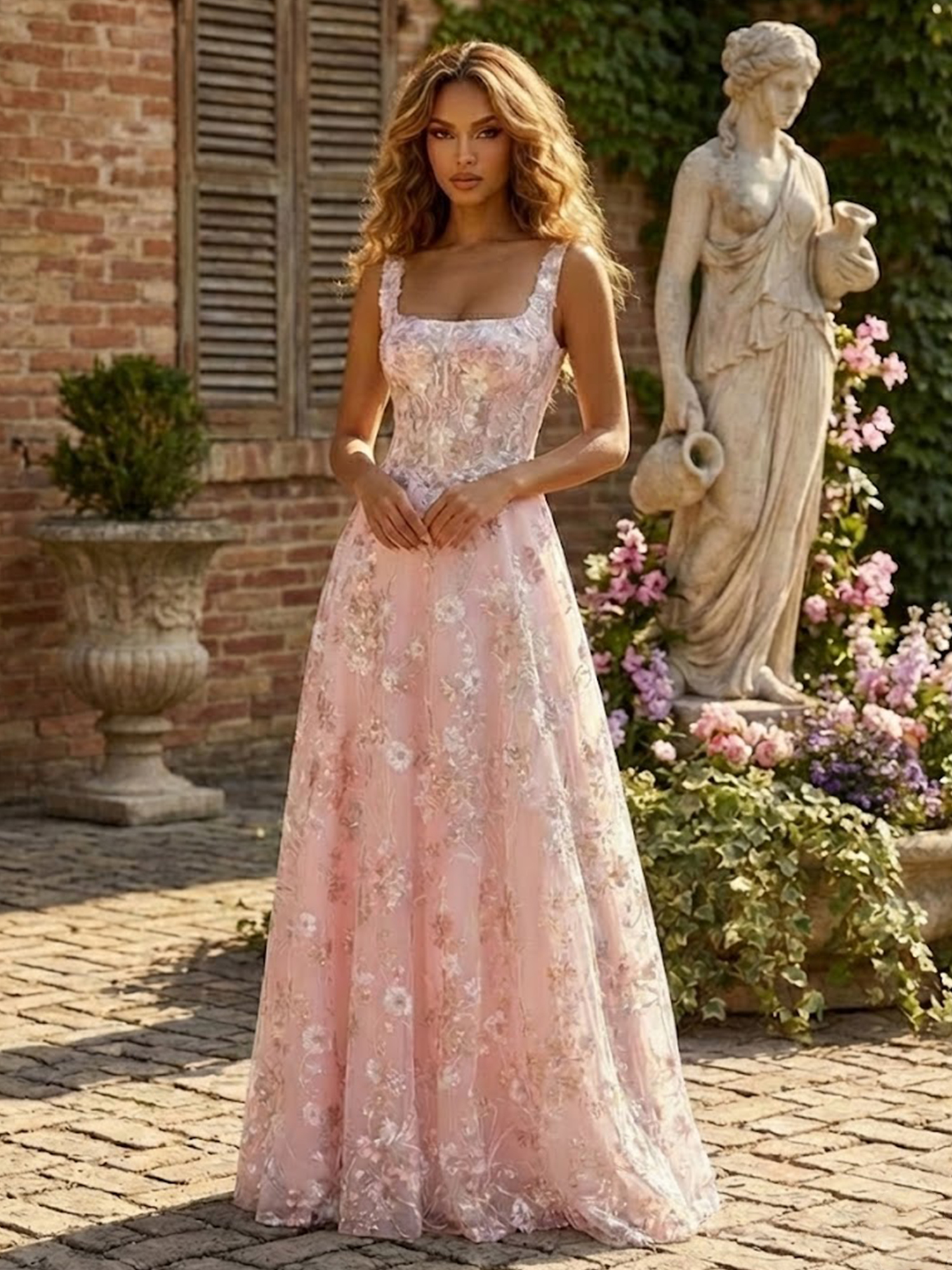 3D Flower Prom Dresses A Line Regular Straps Spring Wedding Guest Dresses