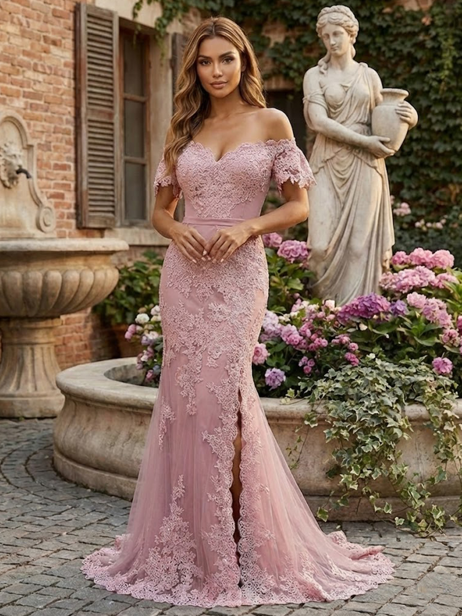 Off the Shoulder Lace Applique Prom Dresses for Women Slit Formal Dress