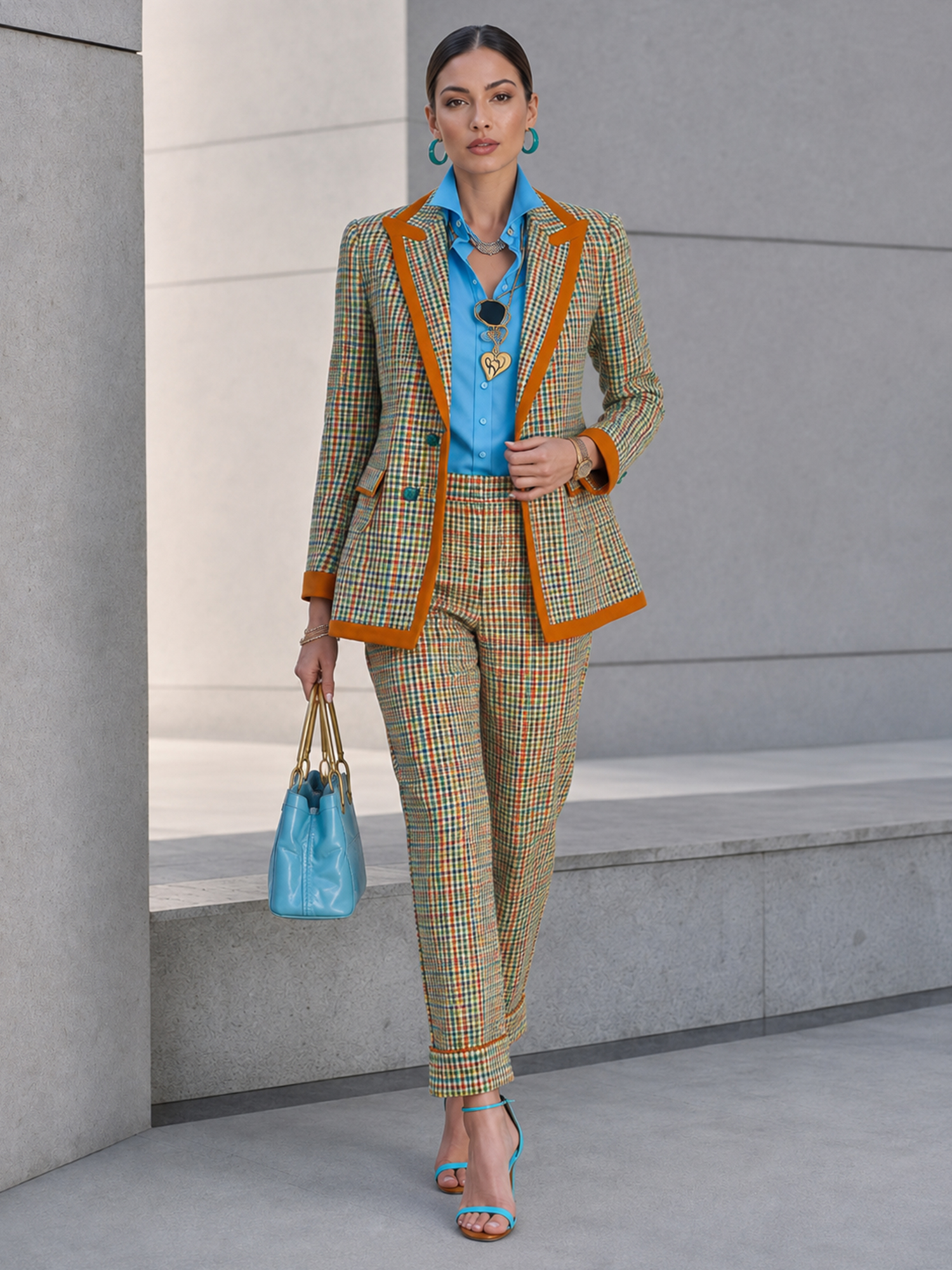 Colorful Plaid Contrast‑Trim Blazer And Cropped Cuffed Pants 2‑Piece Suit