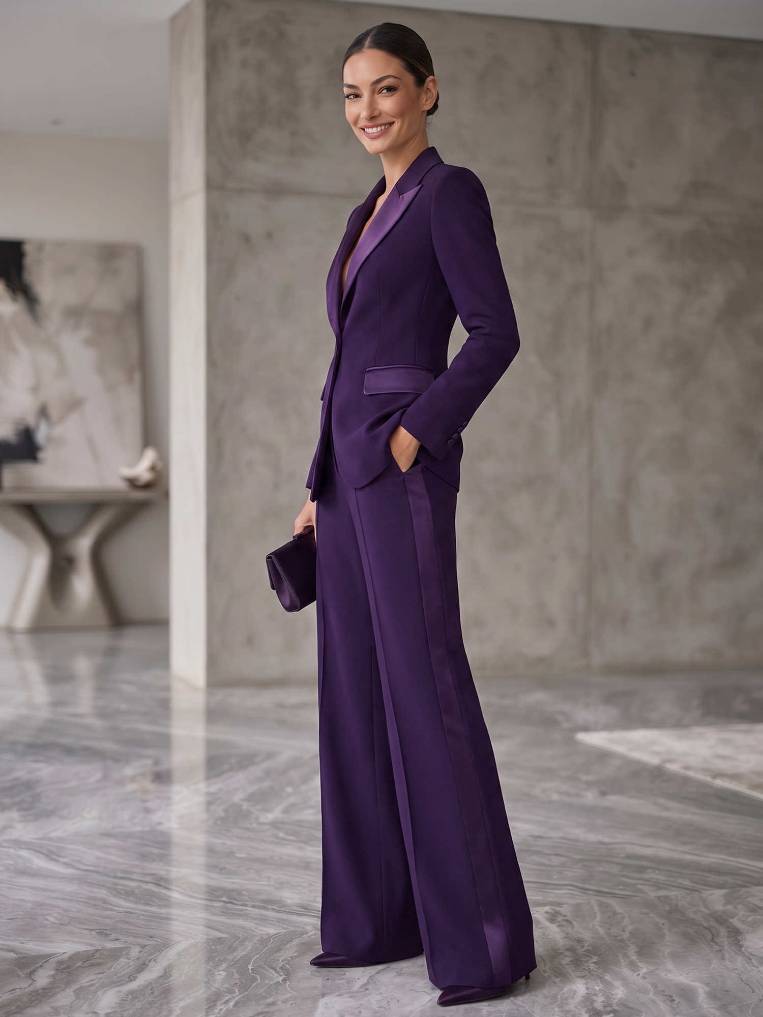 Deep Purple Satin Lapel Single‑Button Blazer & Side‑Stripe Wide‑Leg Pants 2‑Piece Suit