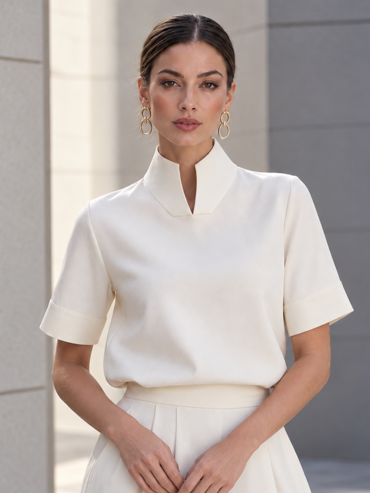 Stand‑Collar Split V Neck Short Sleeve Blouse French Minimalist Work Top for Women