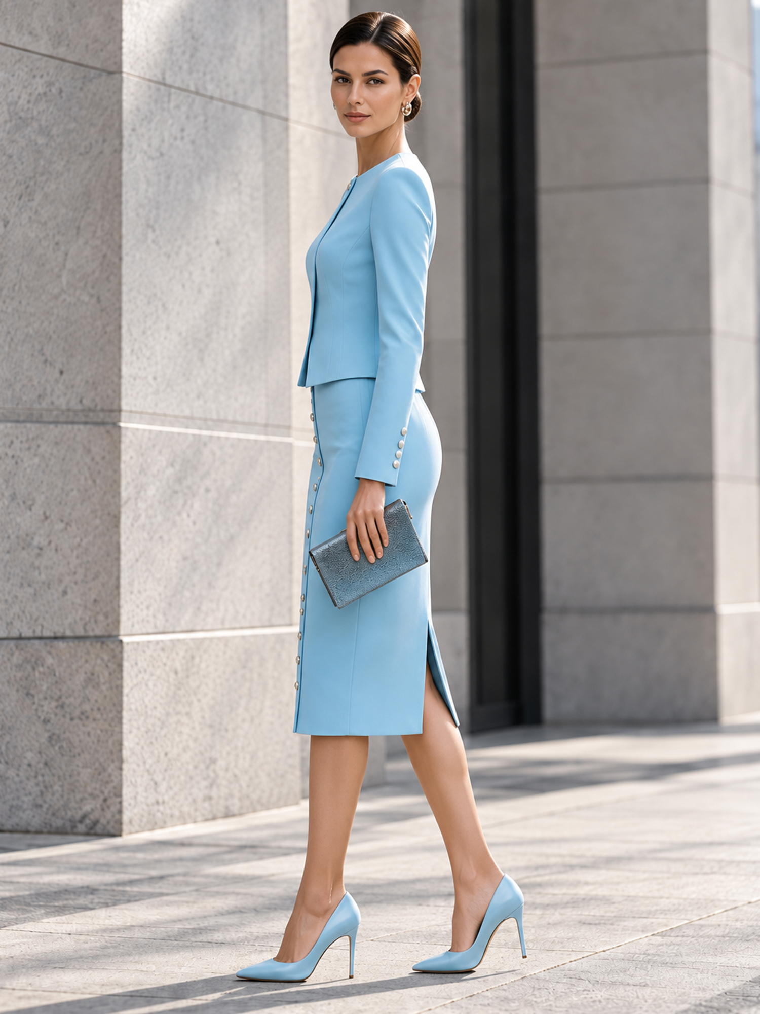 Sky Blue Round Neck Wrap Overlay Cropped Blazer Button Front Midi Pencil Skirt 2‑Piece Suit for Women