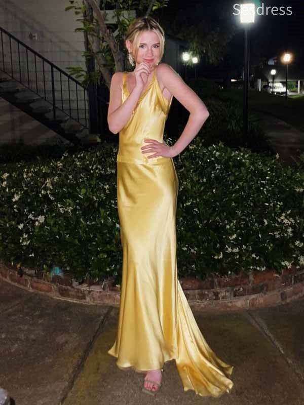 Simple V-neck Yellow Strap Mermaid Long Evening Dress,Prom Dress