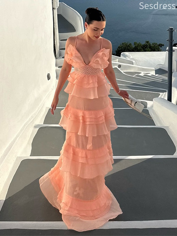 Gorgeous V-neck Spaghetti Strap Ruffles A-line Long Evening Dress,Prom Dress