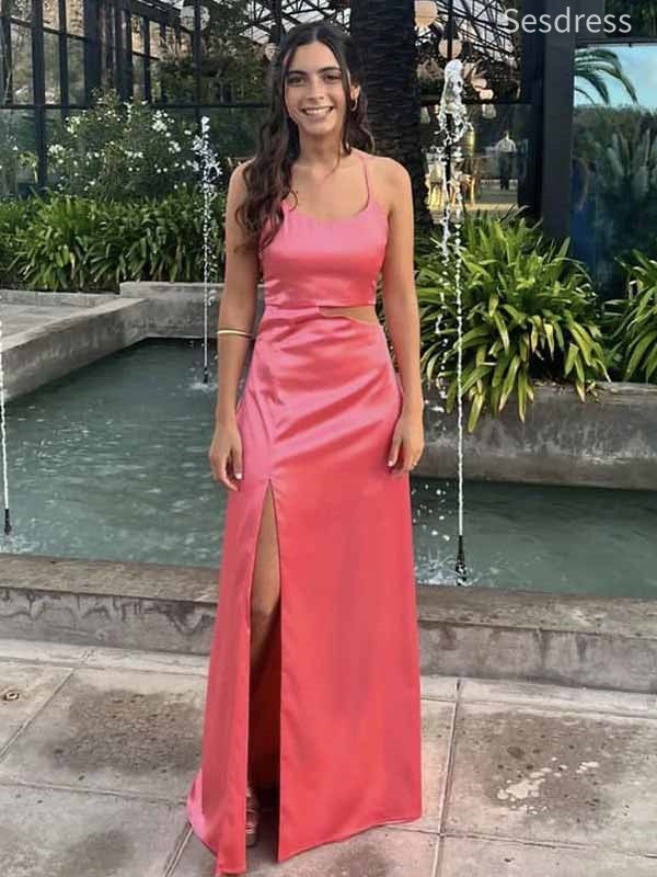 Unique Scoop Spaghetti Strap Side Slit Mermaid Long Evening Dress,Prom Dress