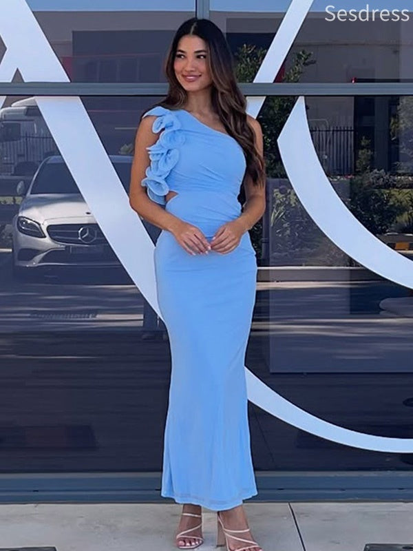 Simple Chiffon One Shoulder 3D Flowers Mermaid Long Evening Dress,Prom Dress