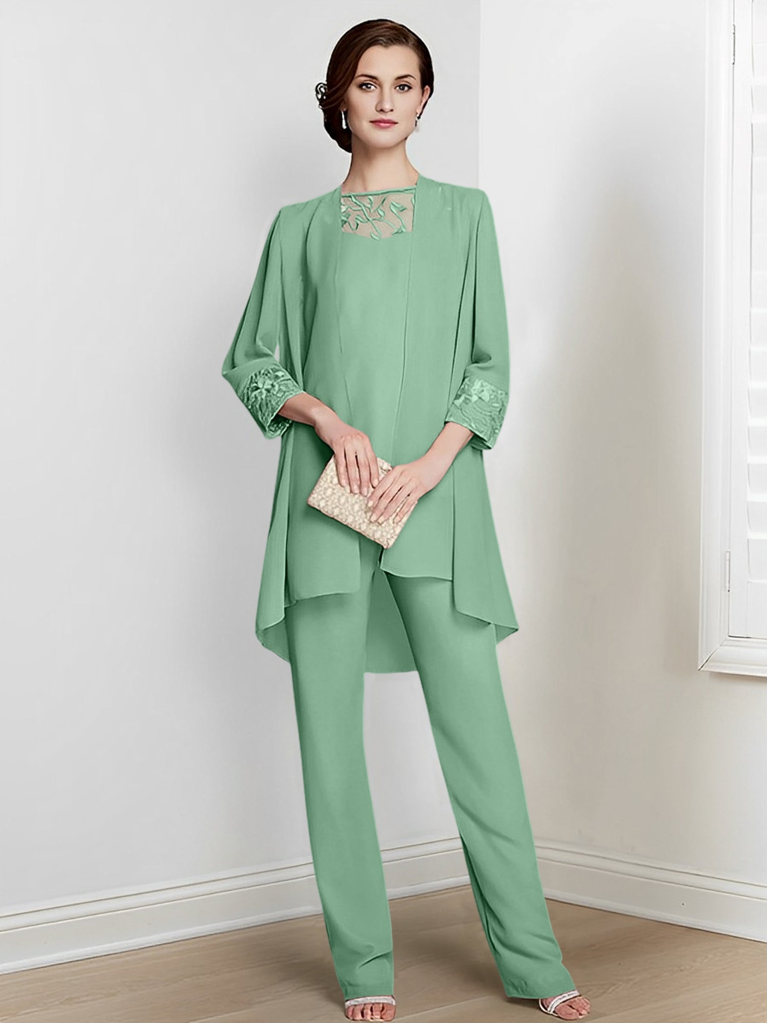 Chiffon Long Sleeves Mother Of The Bride Pantsuits With Jacket