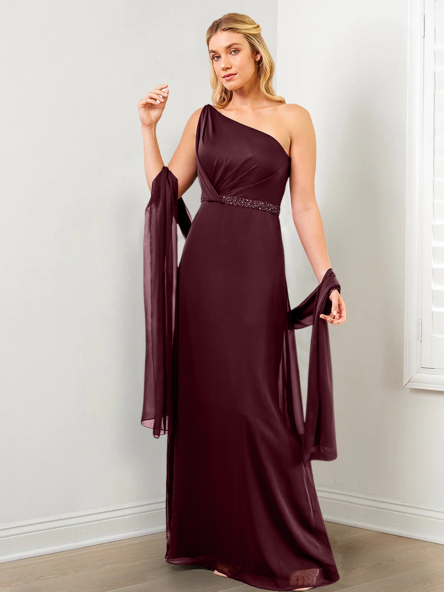 Sheath/Column One-Shoulder Mother of the Bride Dresses with Wraps & Beading
