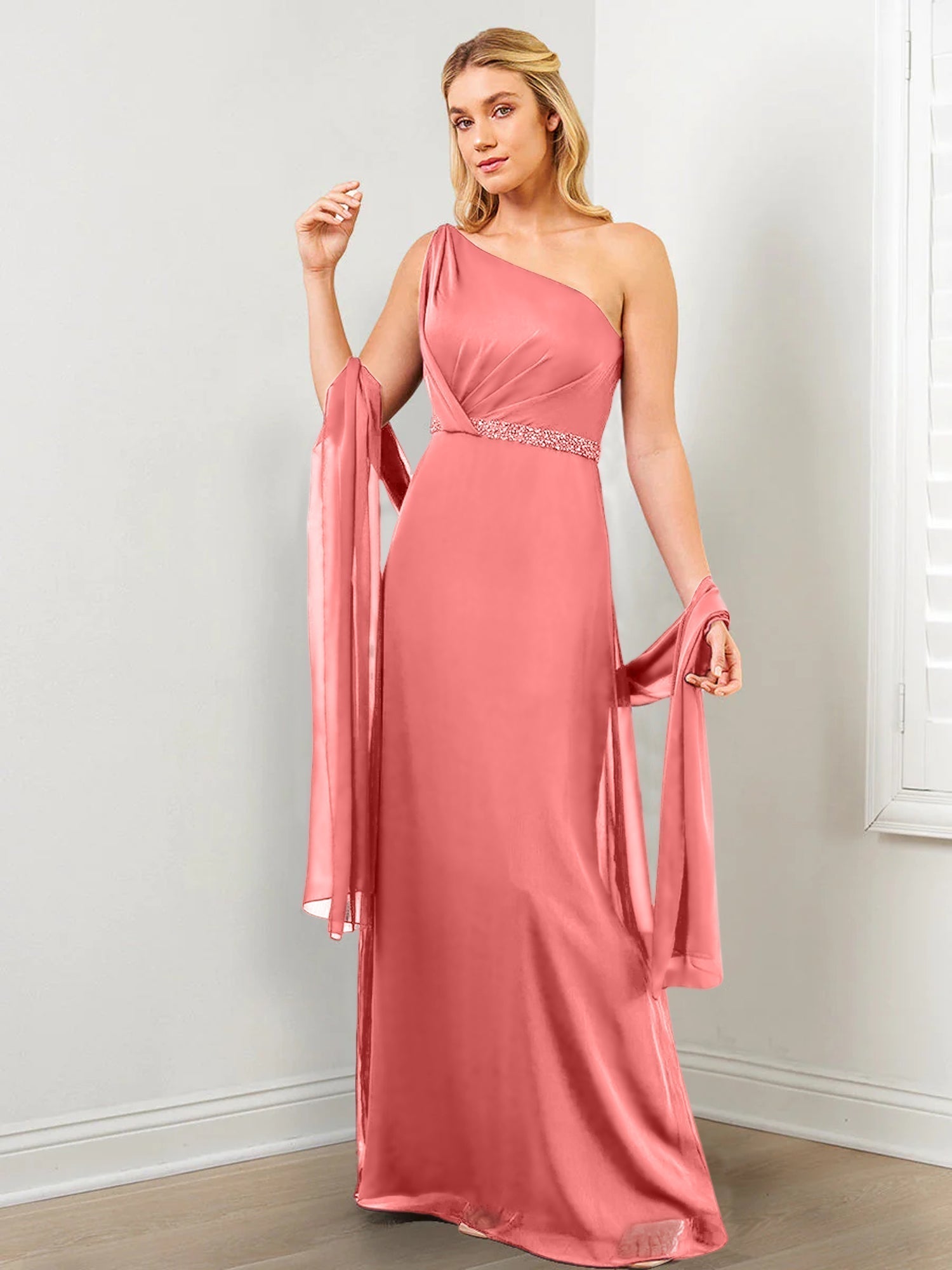 Sheath/Column One-Shoulder Mother of the Bride Dresses with Wraps & Beading