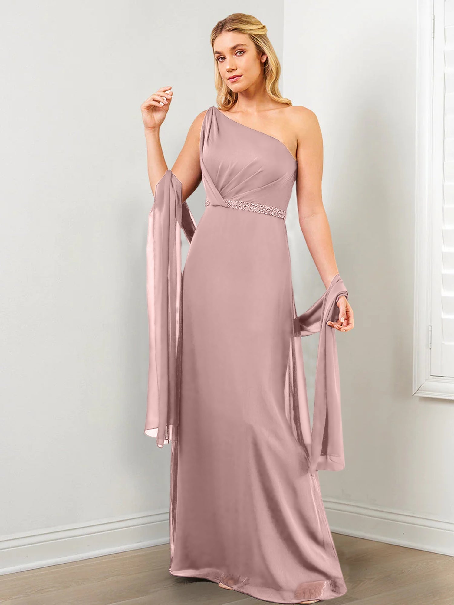 Sheath/Column One-Shoulder Mother of the Bride Dresses with Wraps & Beading