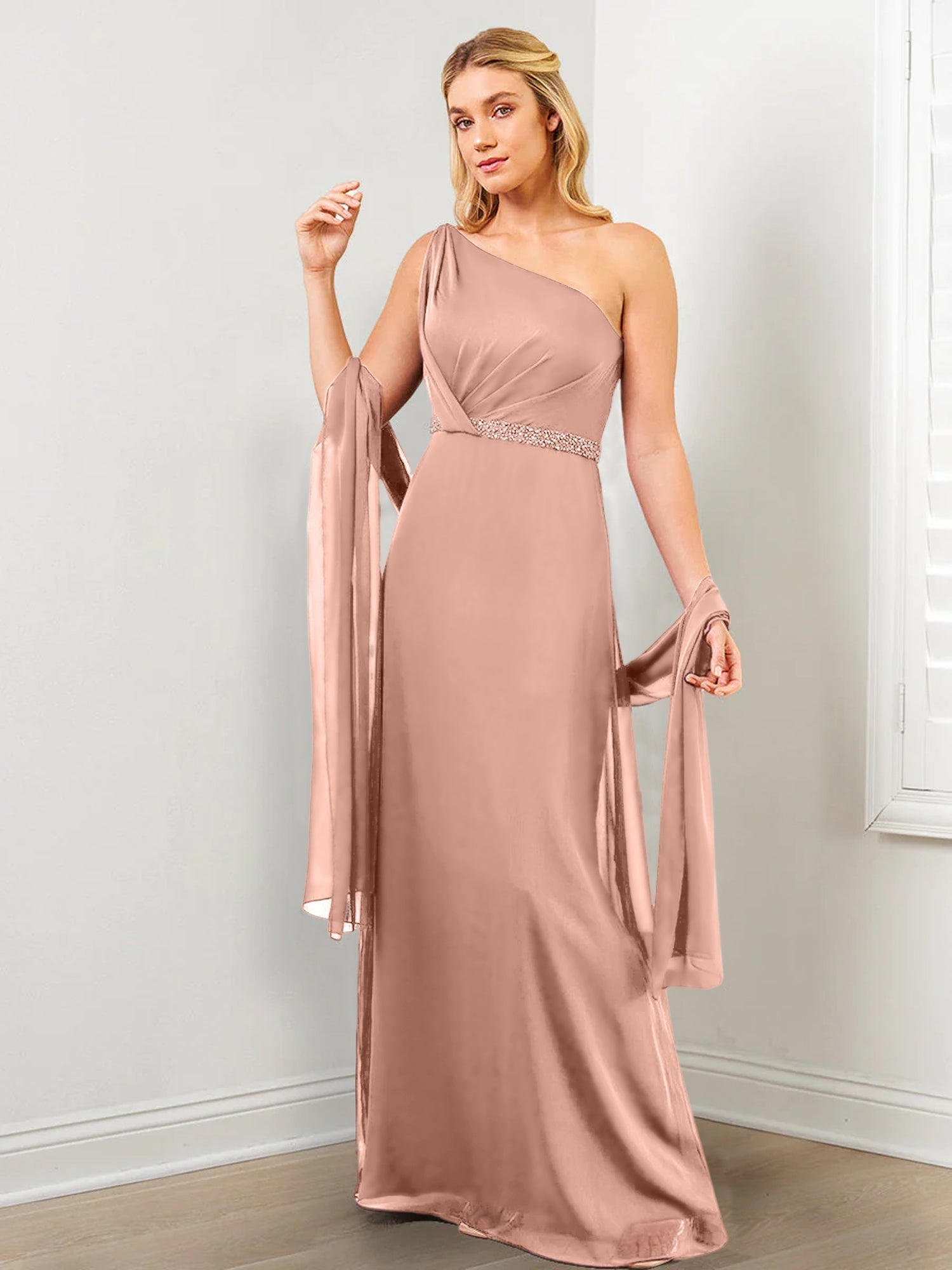 Sheath/Column One-Shoulder Mother of the Bride Dresses with Wraps & Beading