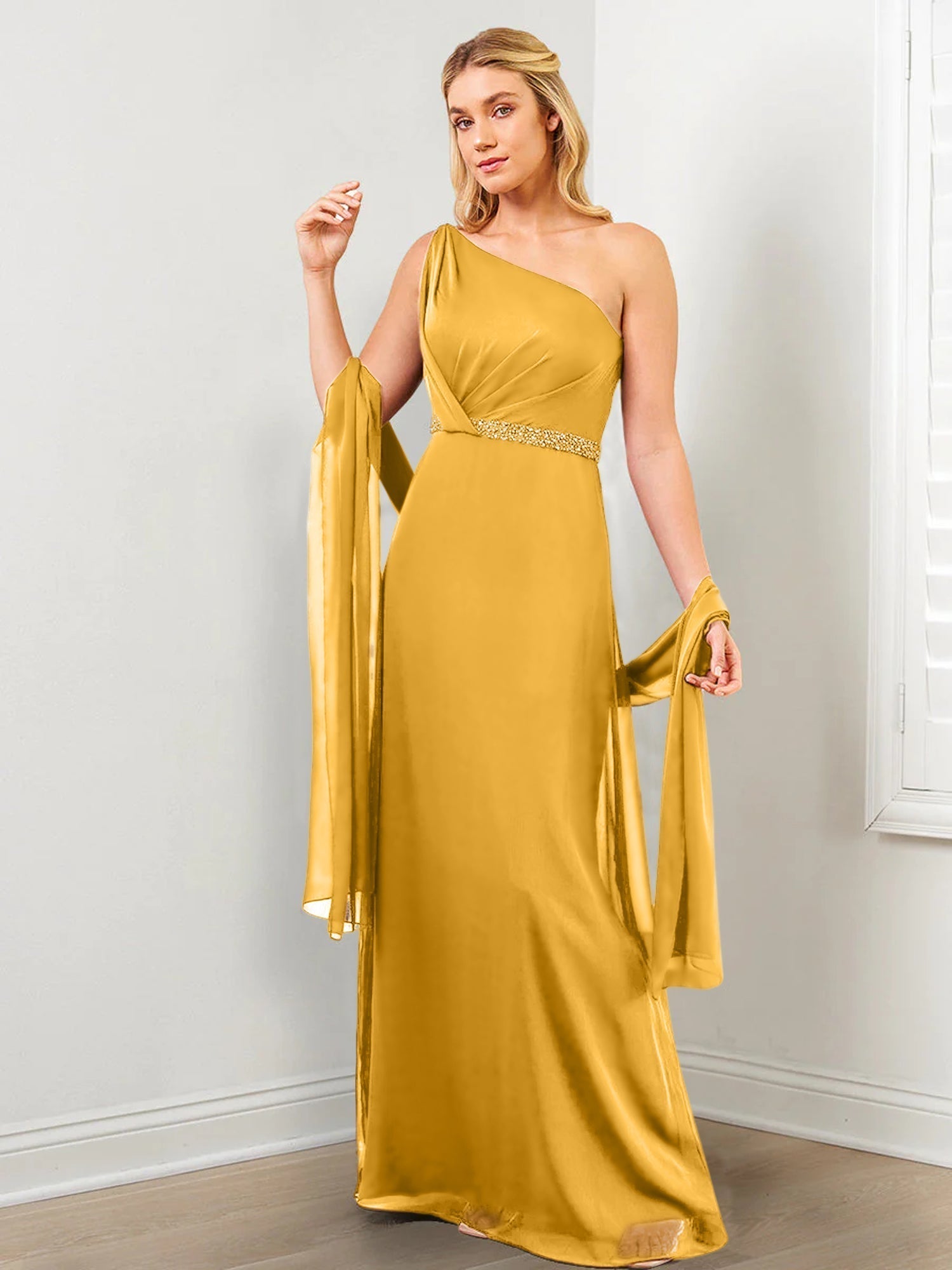 Sheath/Column One-Shoulder Mother of the Bride Dresses with Wraps & Beading