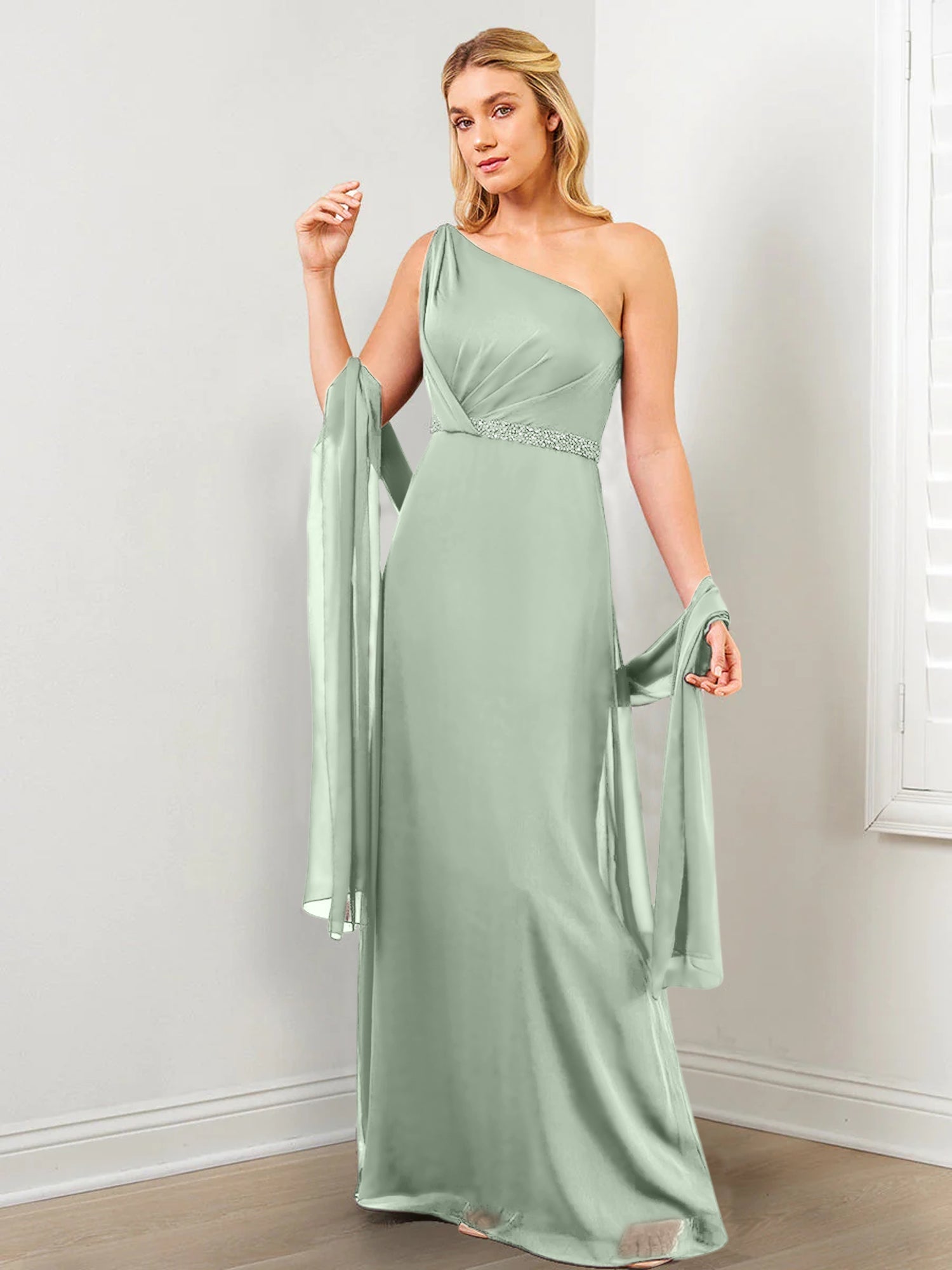 Sheath/Column One-Shoulder Mother of the Bride Dresses with Wraps & Beading