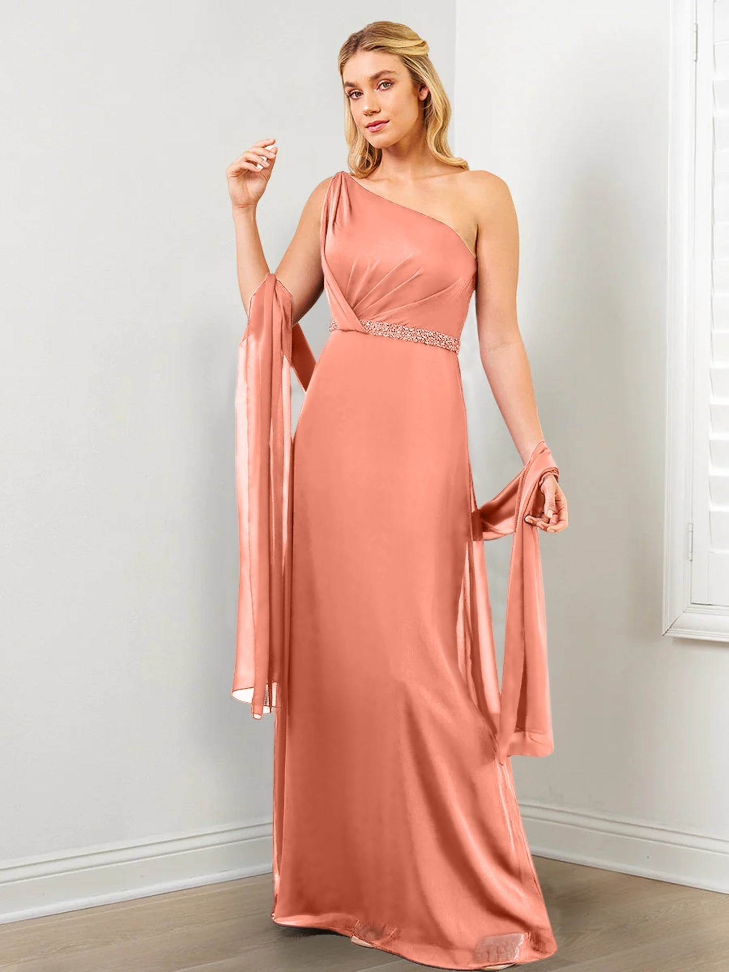 Sheath/Column One-Shoulder Mother of the Bride Dresses with Wraps & Beading