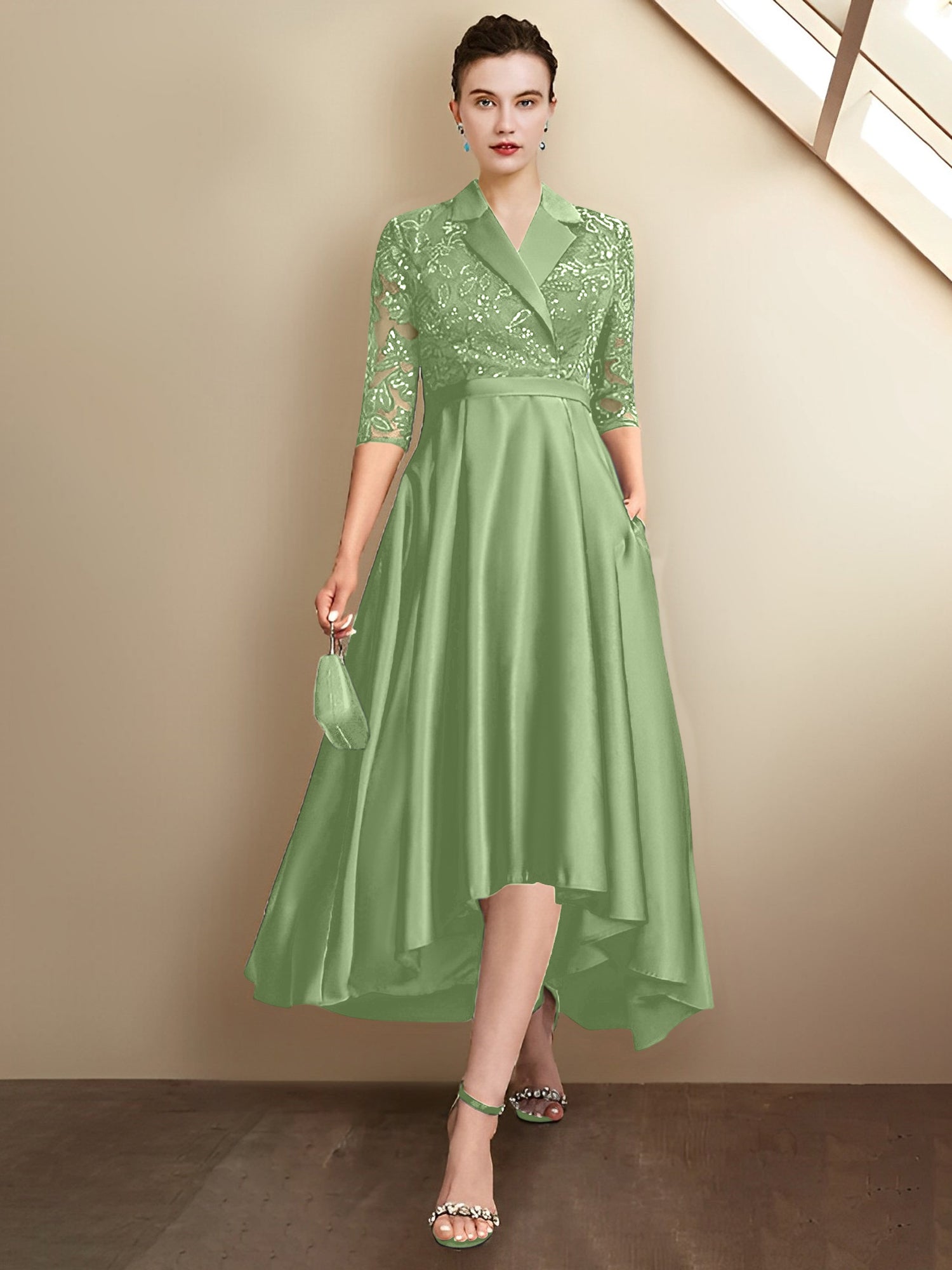 Sheath/Column V-Neck Tea-Length Mother of the Bride Dresses