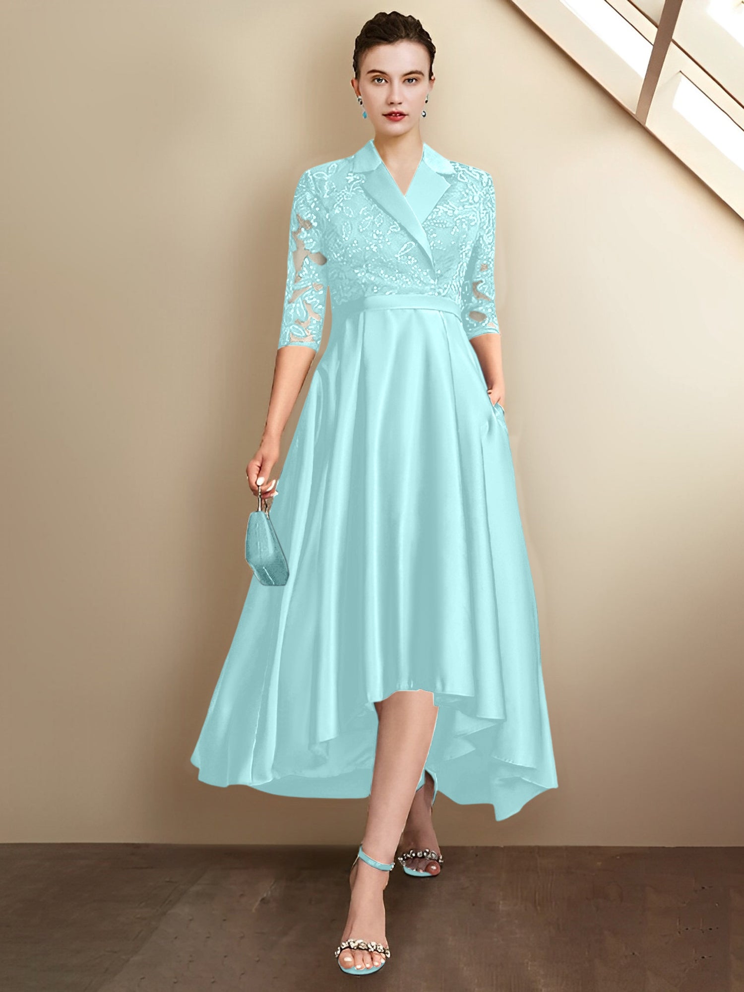 Sheath/Column V-Neck Tea-Length Mother of the Bride Dresses