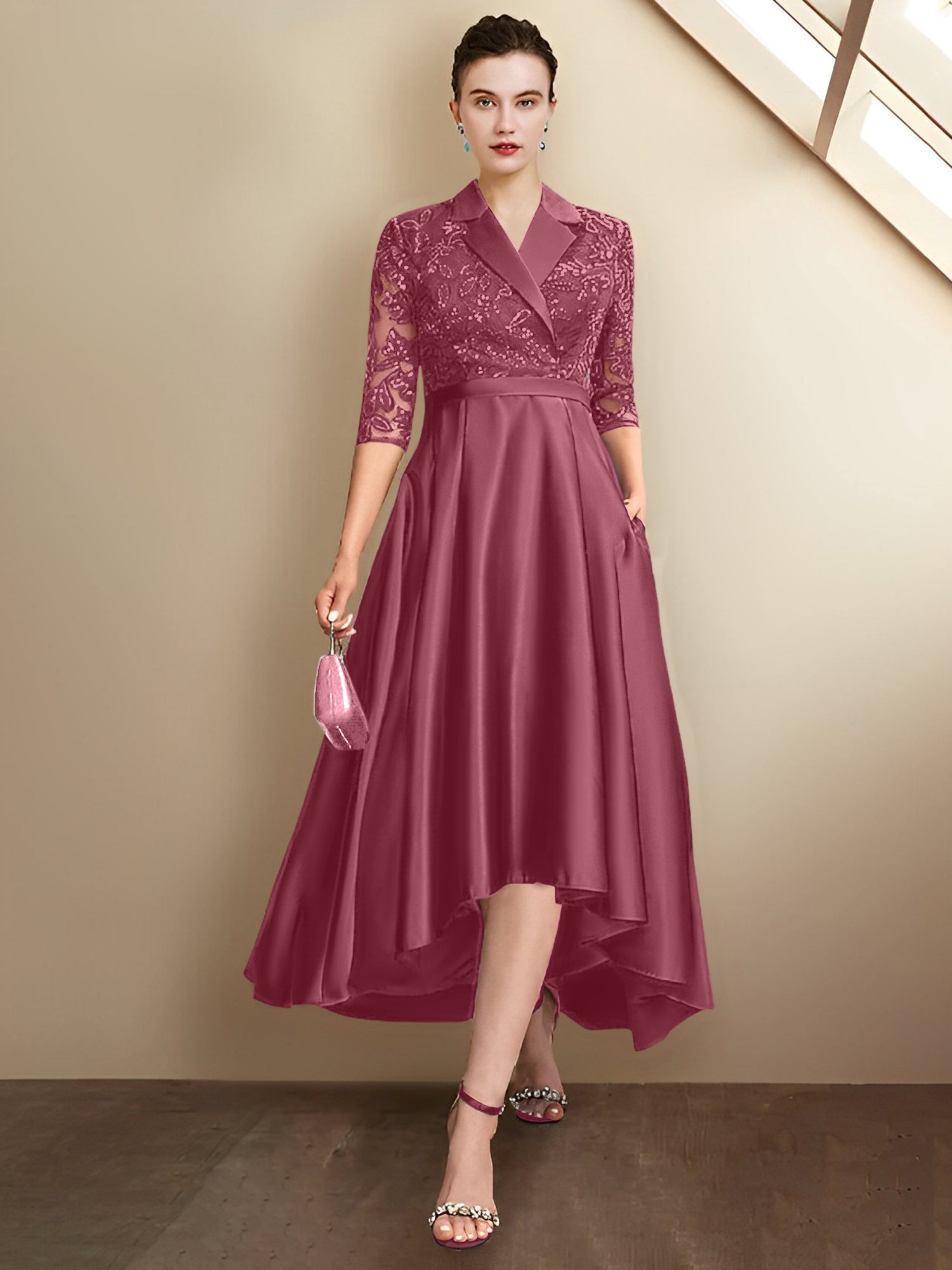 Sheath/Column V-Neck Tea-Length Mother of the Bride Dresses