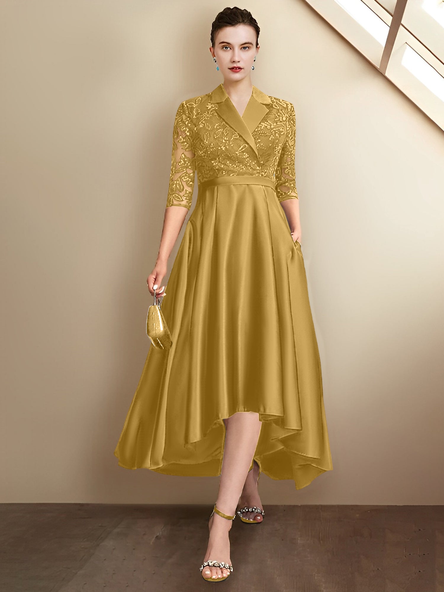 Sheath/Column V-Neck Tea-Length Mother of the Bride Dresses