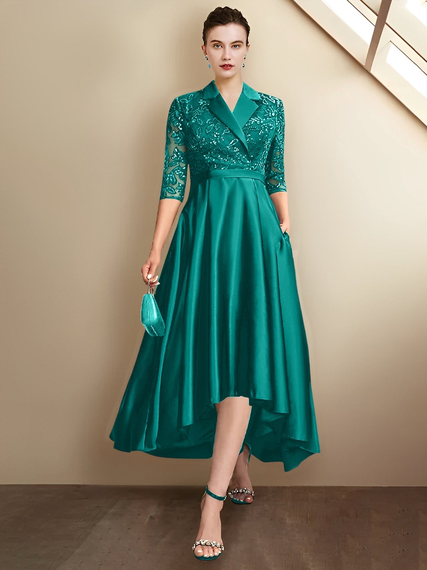 Sheath/Column V-Neck Tea-Length Mother of the Bride Dresses