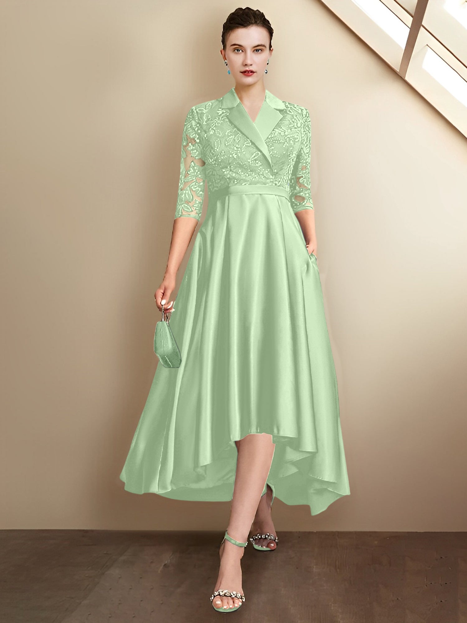Sheath/Column V-Neck Tea-Length Mother of the Bride Dresses
