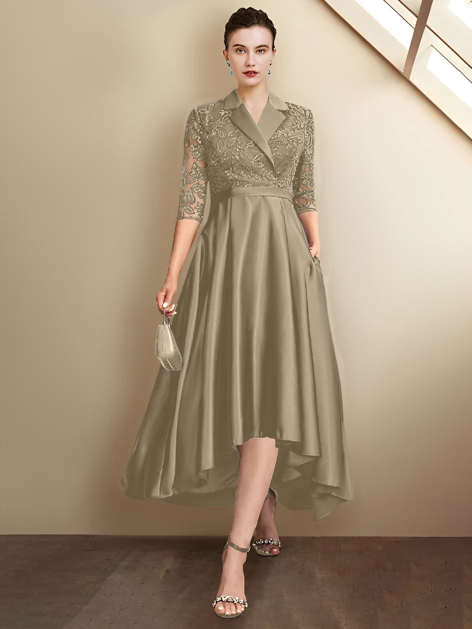 Sheath/Column V-Neck Tea-Length Mother of the Bride Dresses